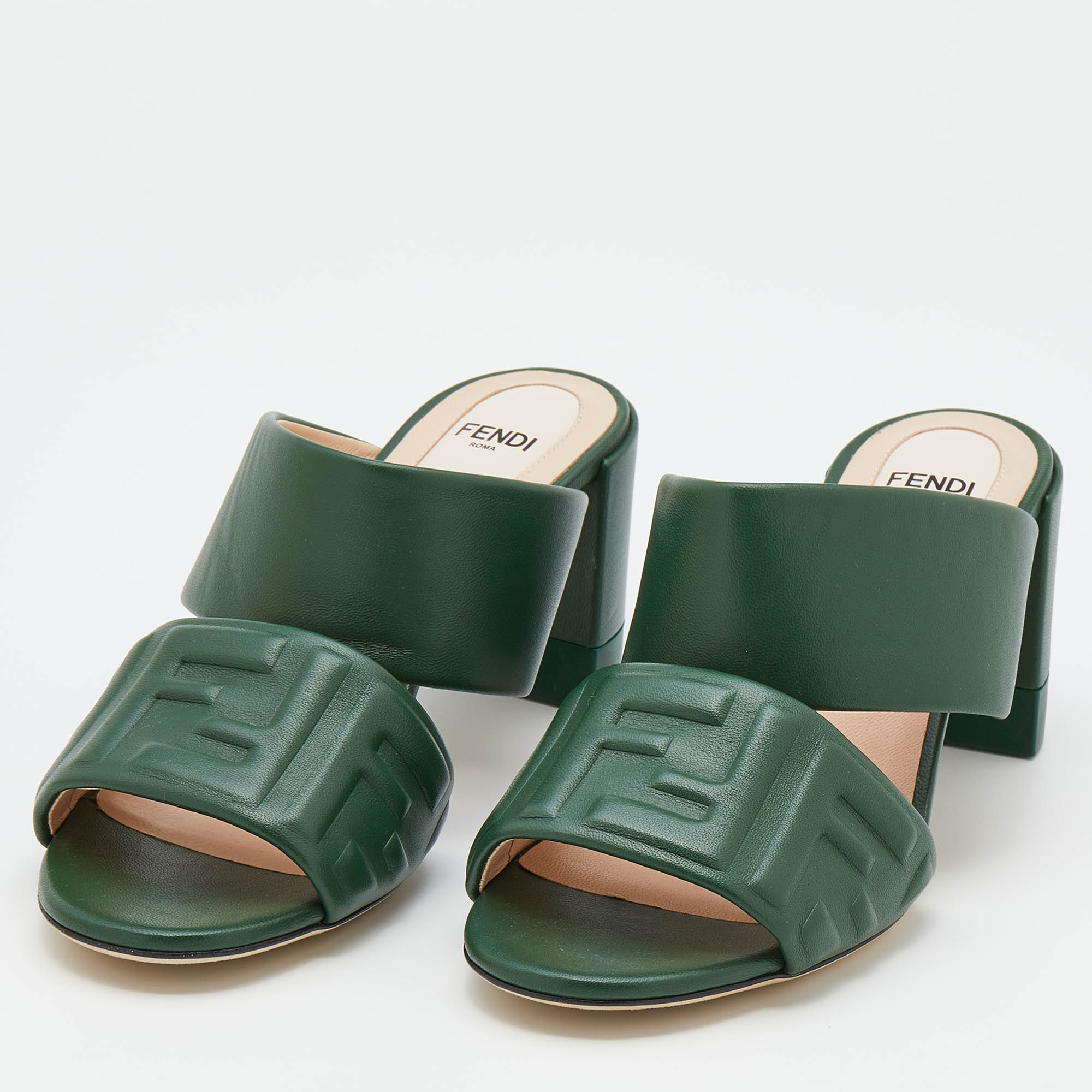 

Fendi Green Leather FF Embossed Logo Mules Size