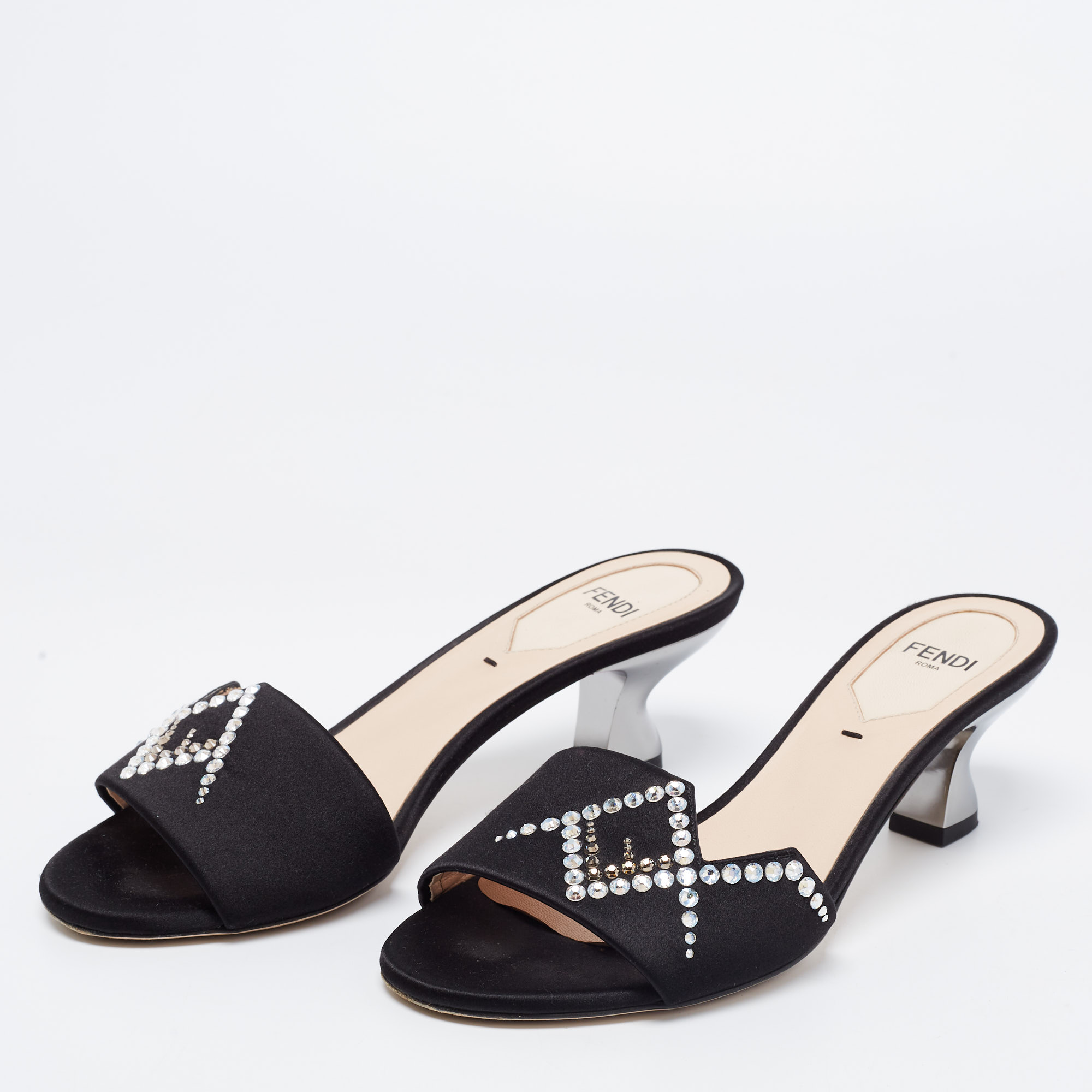 

Fendi Black Satin Crystal Embellished Slide Sandals Size