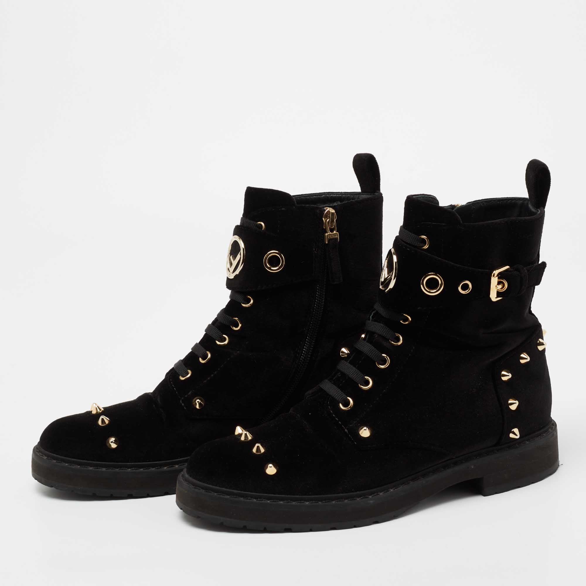

Fendi Black Studded Velvet F Logo Ankle Boots Size