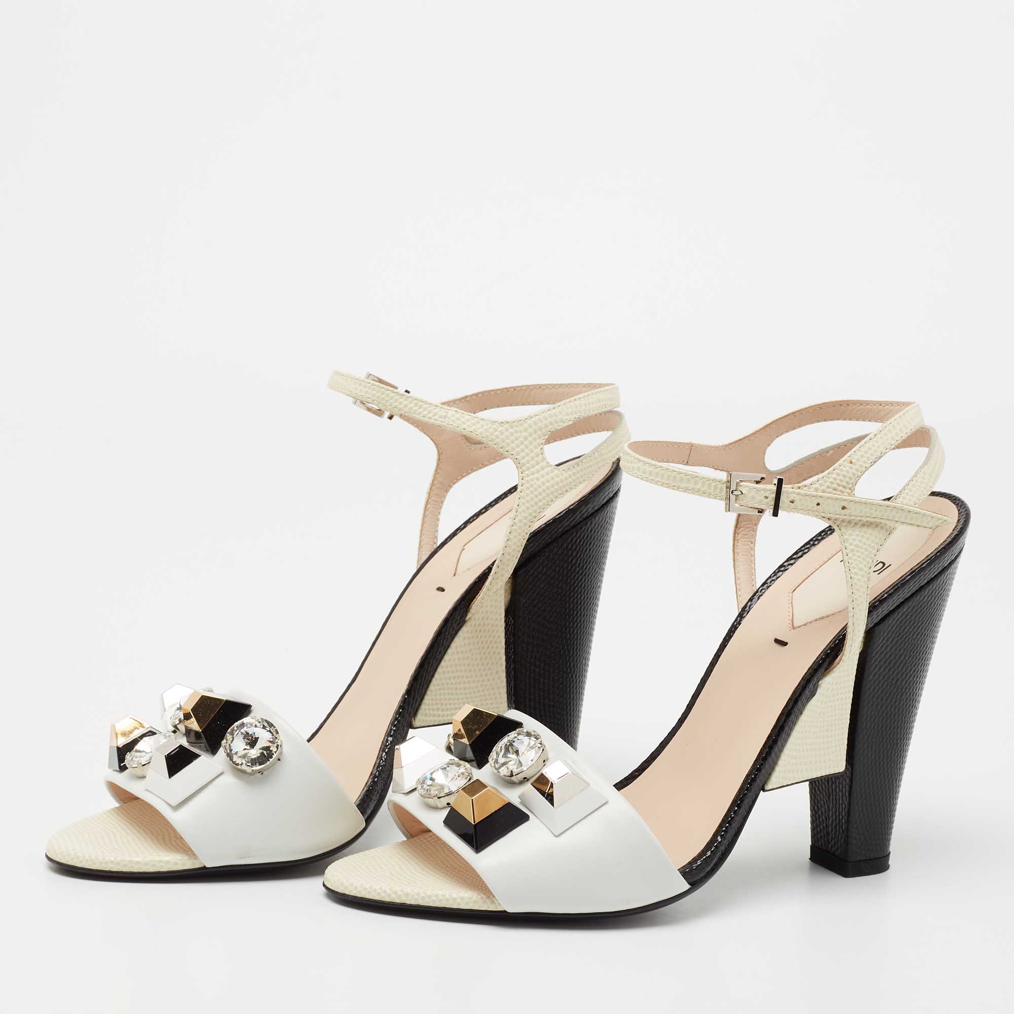 

Fendi Tricolor Lizard Embossed And Leather Fantasia Studded Ankle Strap Sandals Size, White