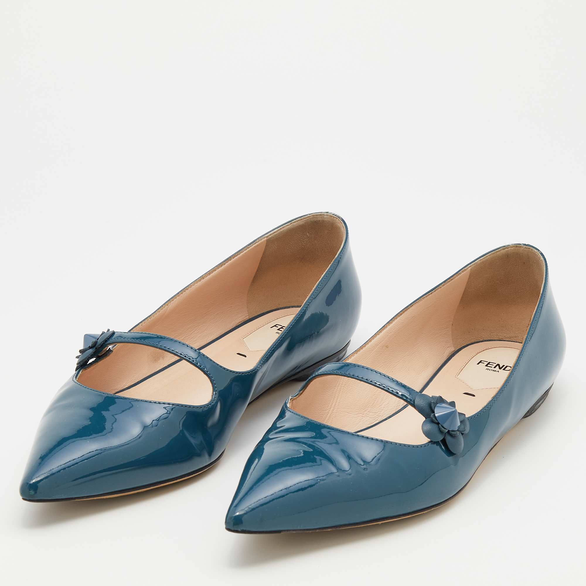 

Fendi Blue Patent Leather Flowerland Mary Jane Pointed Toe Ballet Flats Size