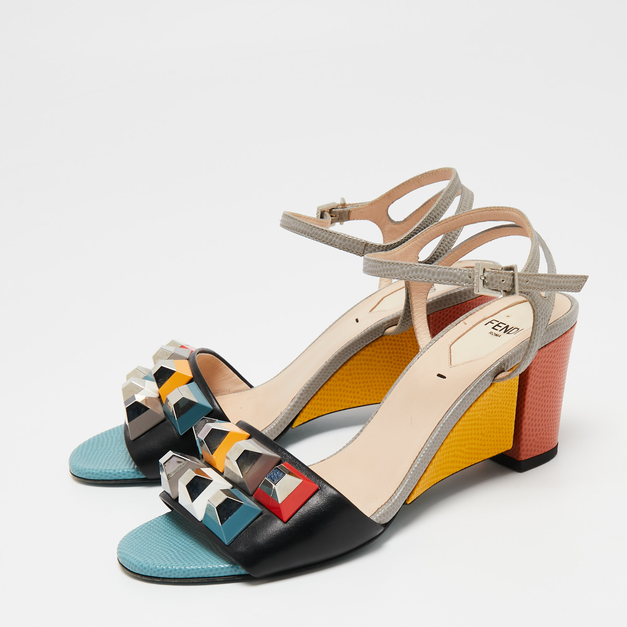 

Fendi Multicolor Lizard Embossed and Leather Fantasia Studded Ankle-Strap Sandals Size