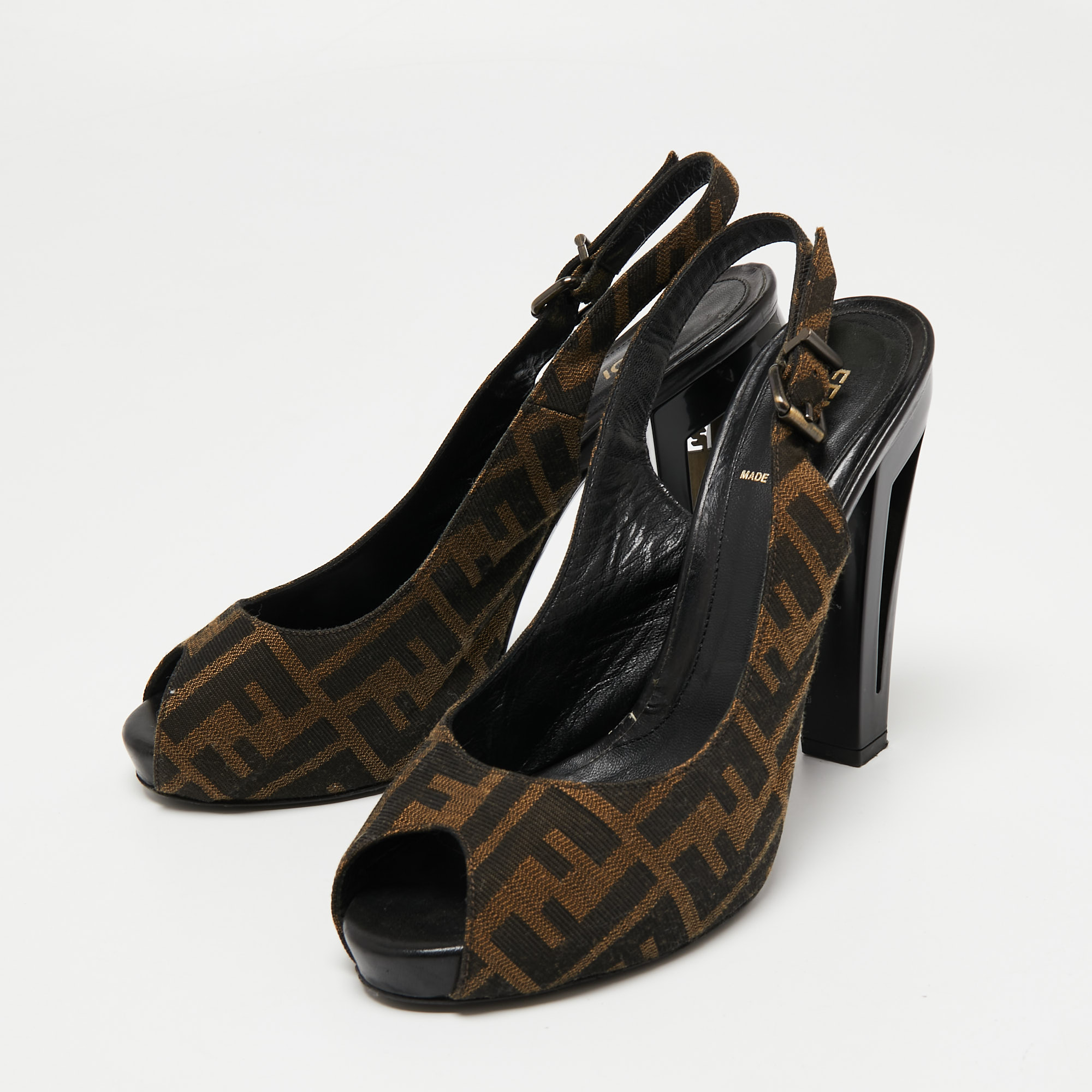 

Fendi Two-Tone Zucca Canvas Peep Toe Slingback Sandals Size, Brown