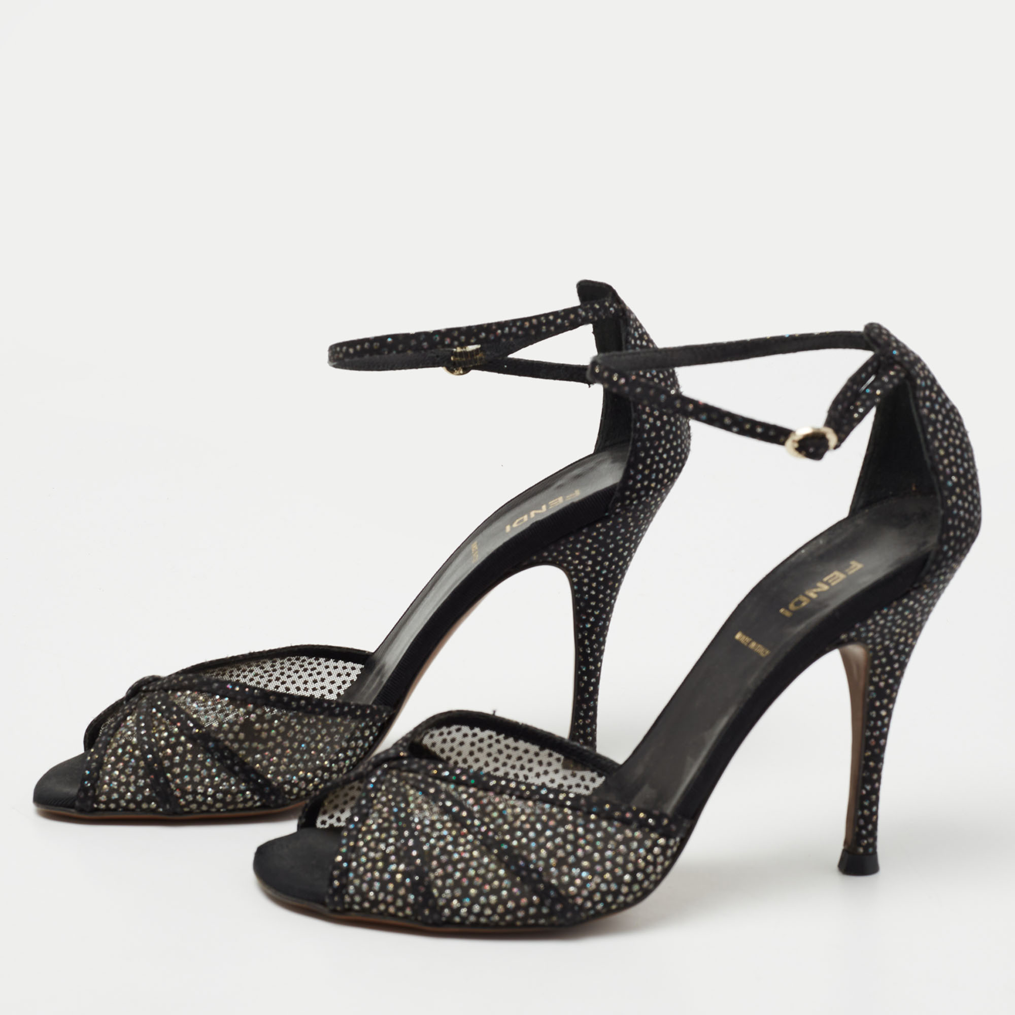 

Fendi Black Glitter Mesh and Satin Ankle Strap Sandals Size