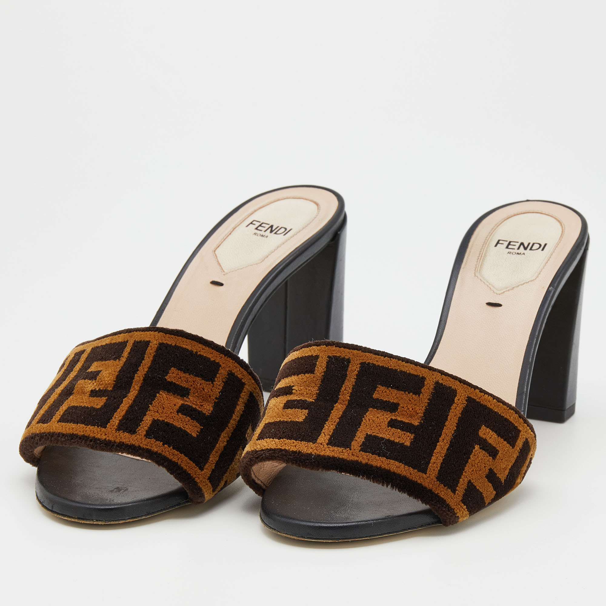 

Fendi Brown Zucca Velvet Block Heel Slide Sandals Size