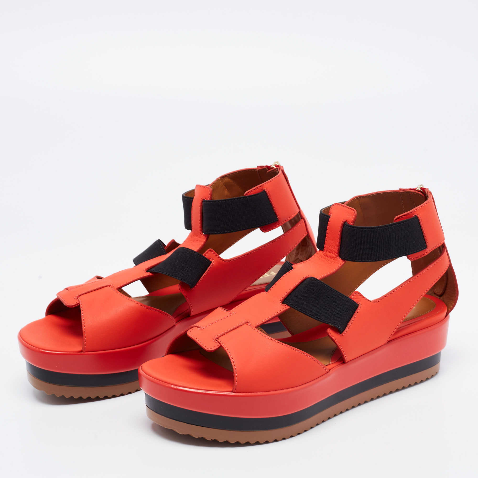 

Fendi Red/Black Leather And Elastic Wedge Platform Sandals Size