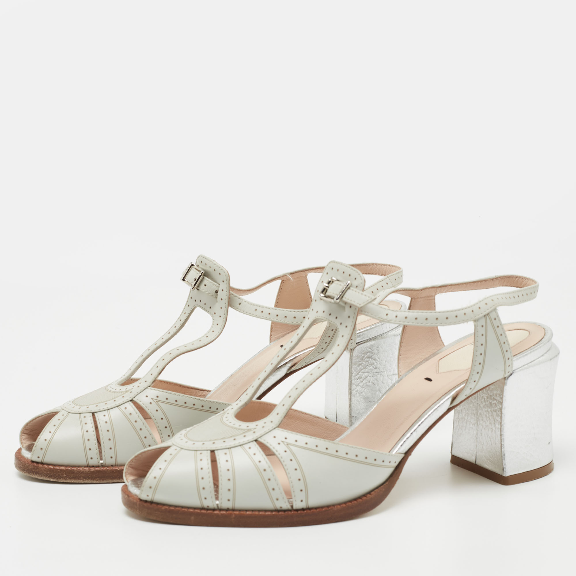 

Fendi Grey Leather Chameleon T-Strap Sandals Size