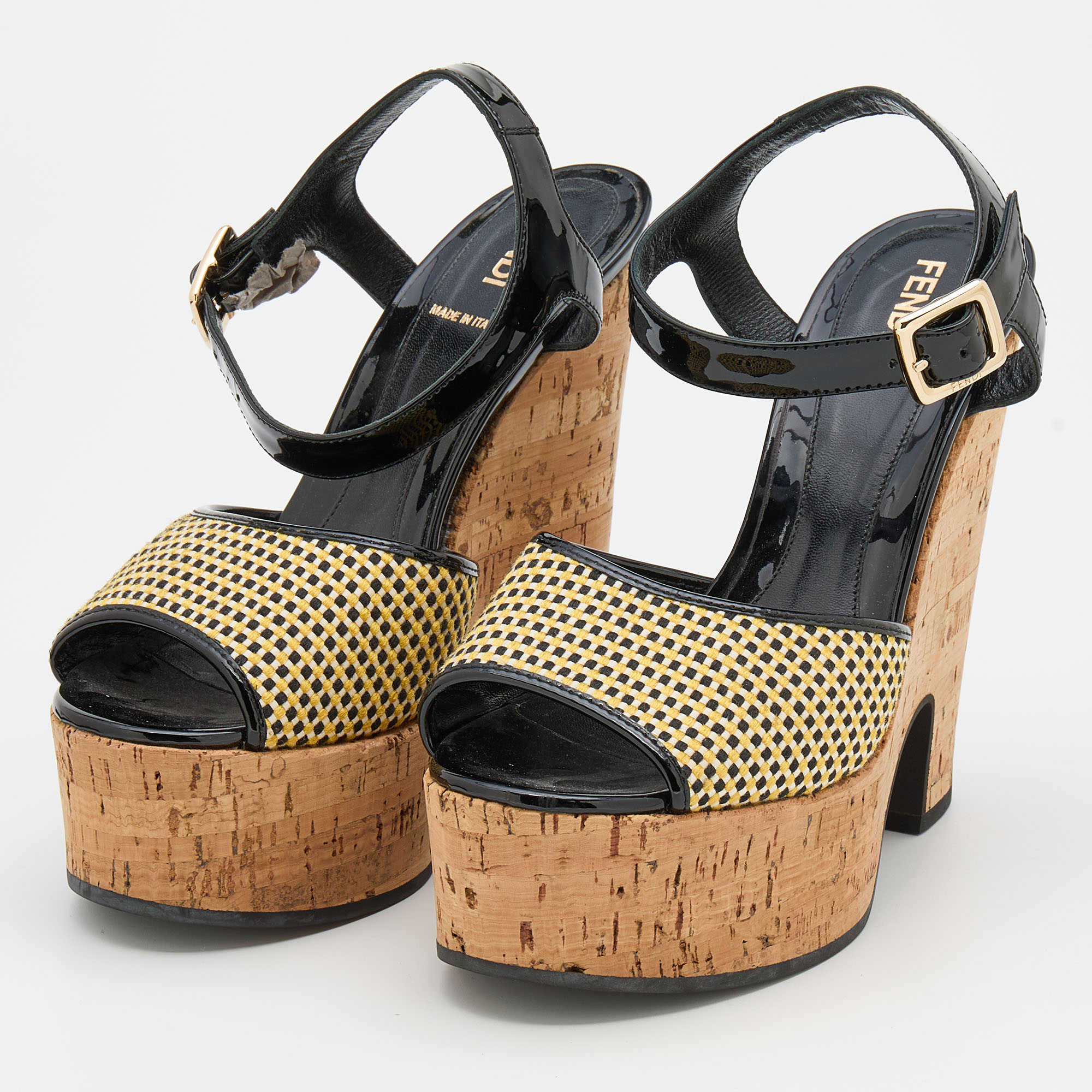 

Fendi Yellow/Black Tweed and Patent Leather Cork Wedge Platform Ankle Strap Sandals Size