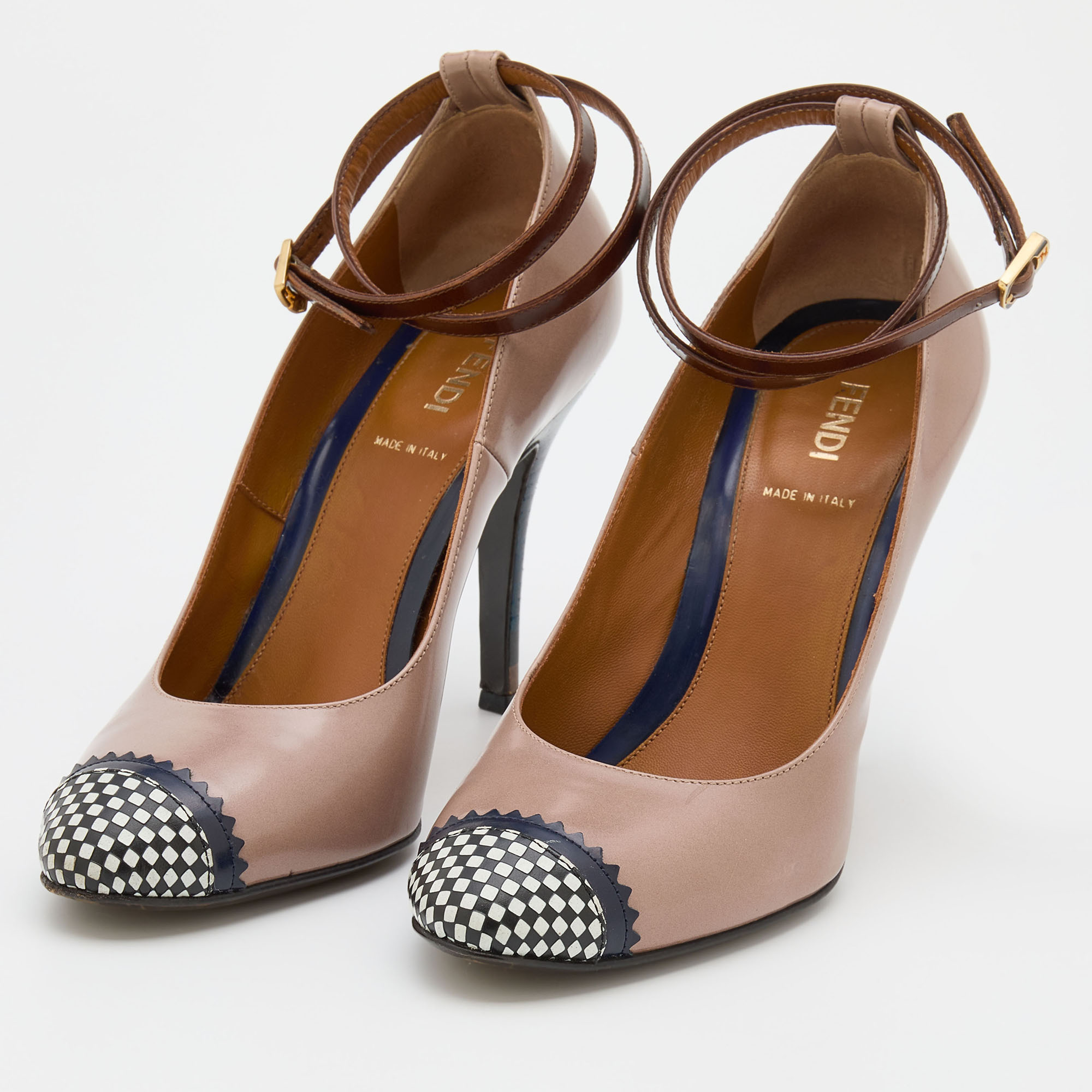 

Fendi Multicolor Leather Checkered Cap Toe Ankle Strap Pumps Size