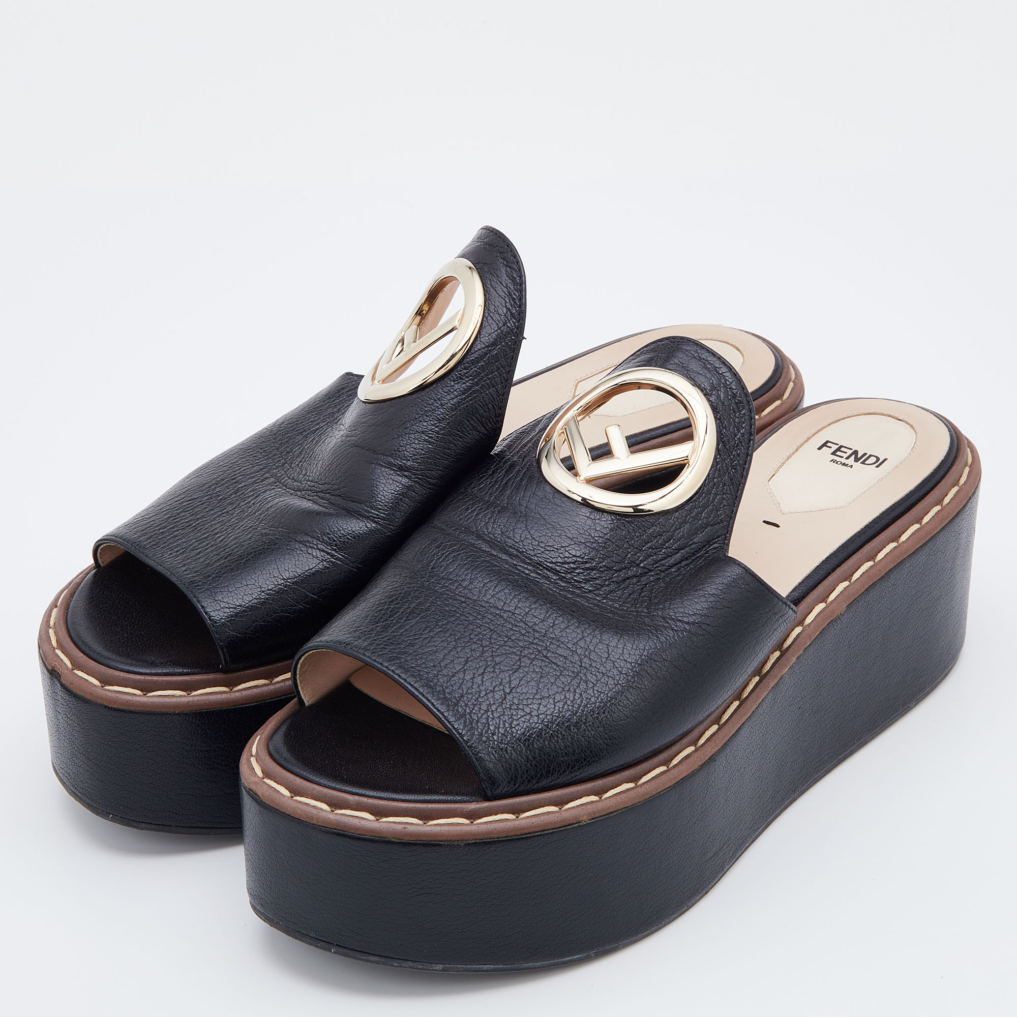 

Fendi Black Leather F Logo Platform Sandals Size