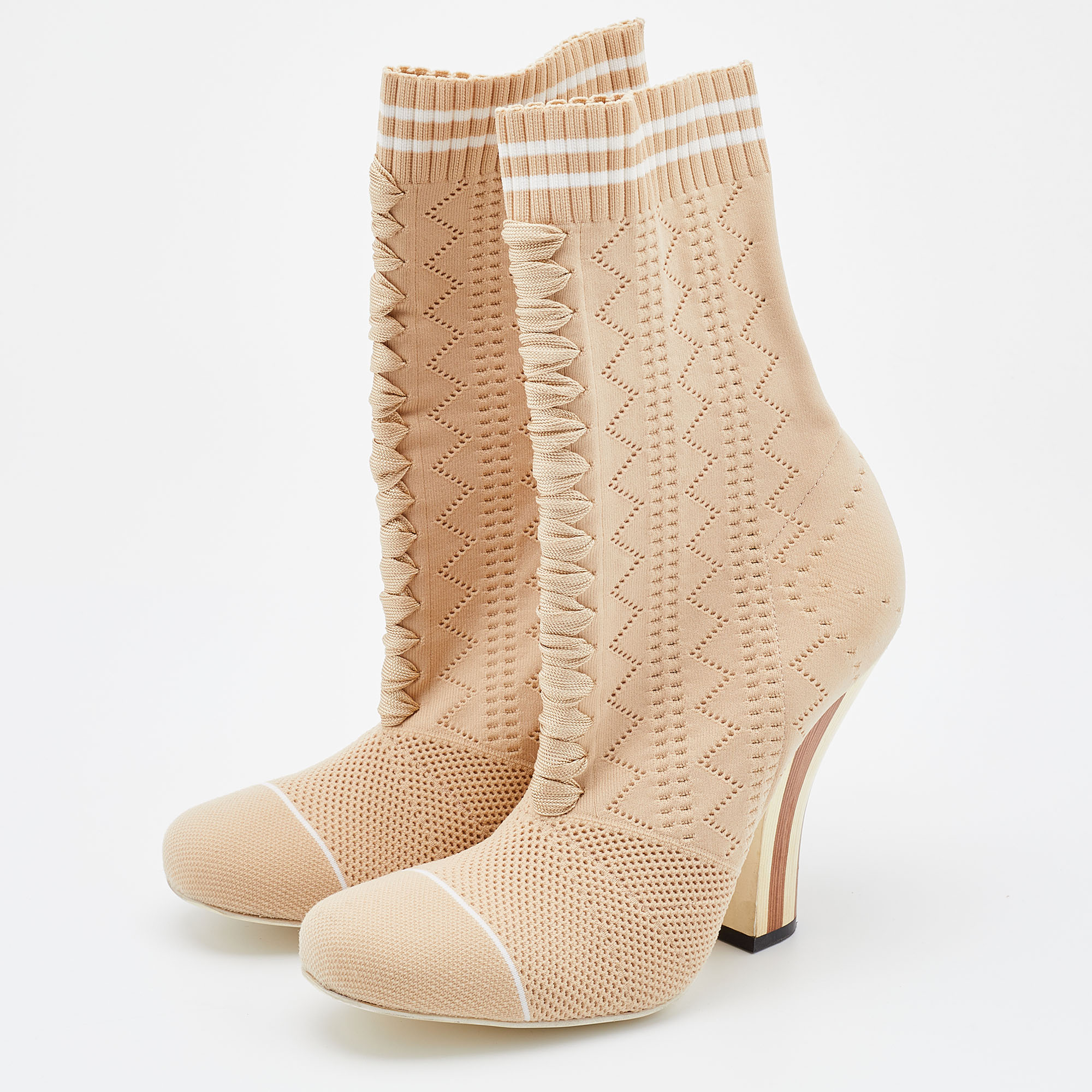 

Fendi Beige Knit Fabric Rockoko Runway Openwork Ankle Boots Size