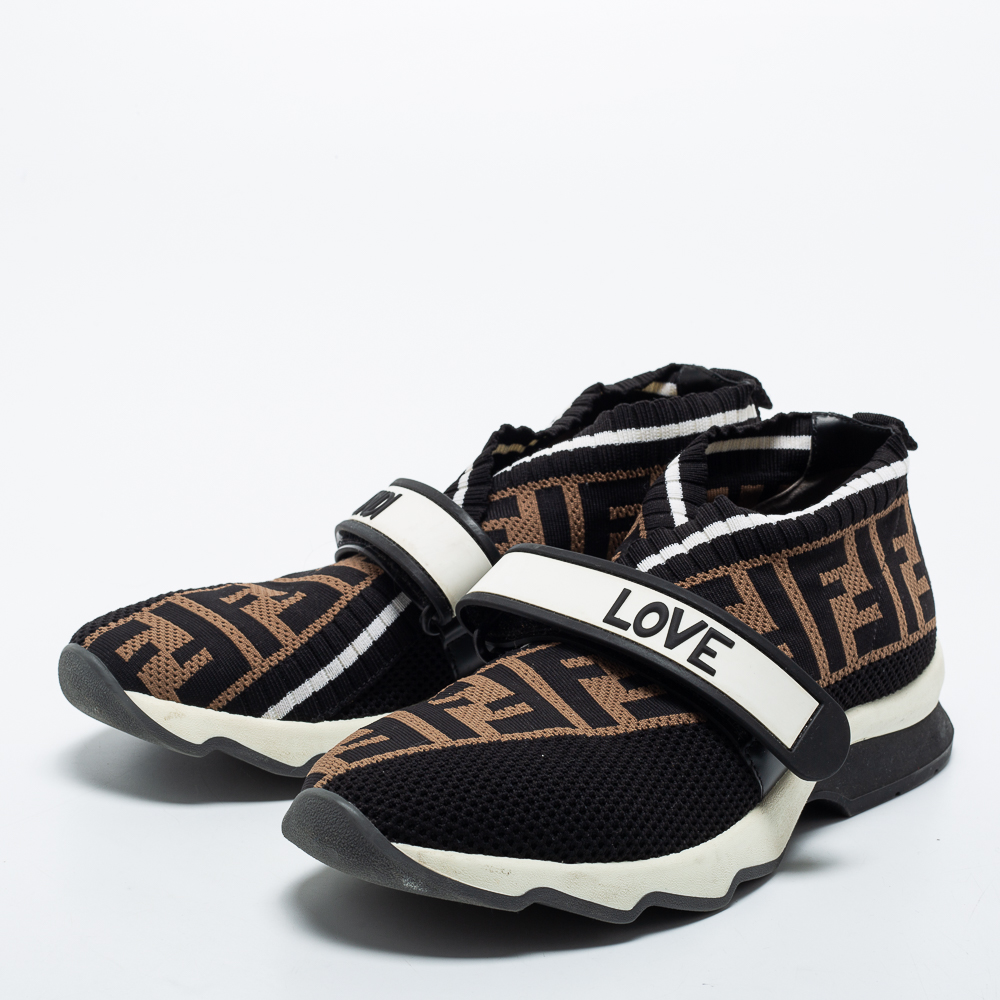 

Fendi Black/Brown Knit Fabric FF Rockoko Slip On Sneakers Size