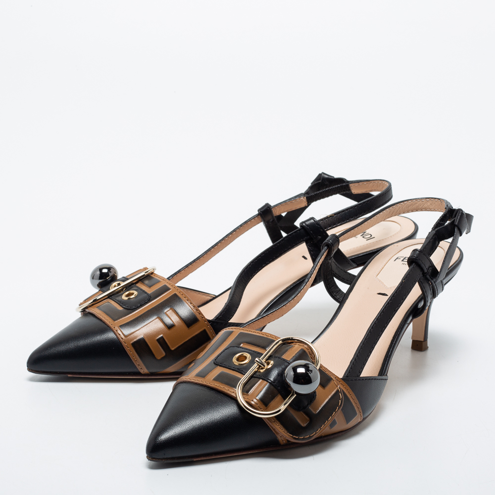 

Fendi Black/Brown Leather Buckle Strap Logo Slingback Pointed Pumps Size