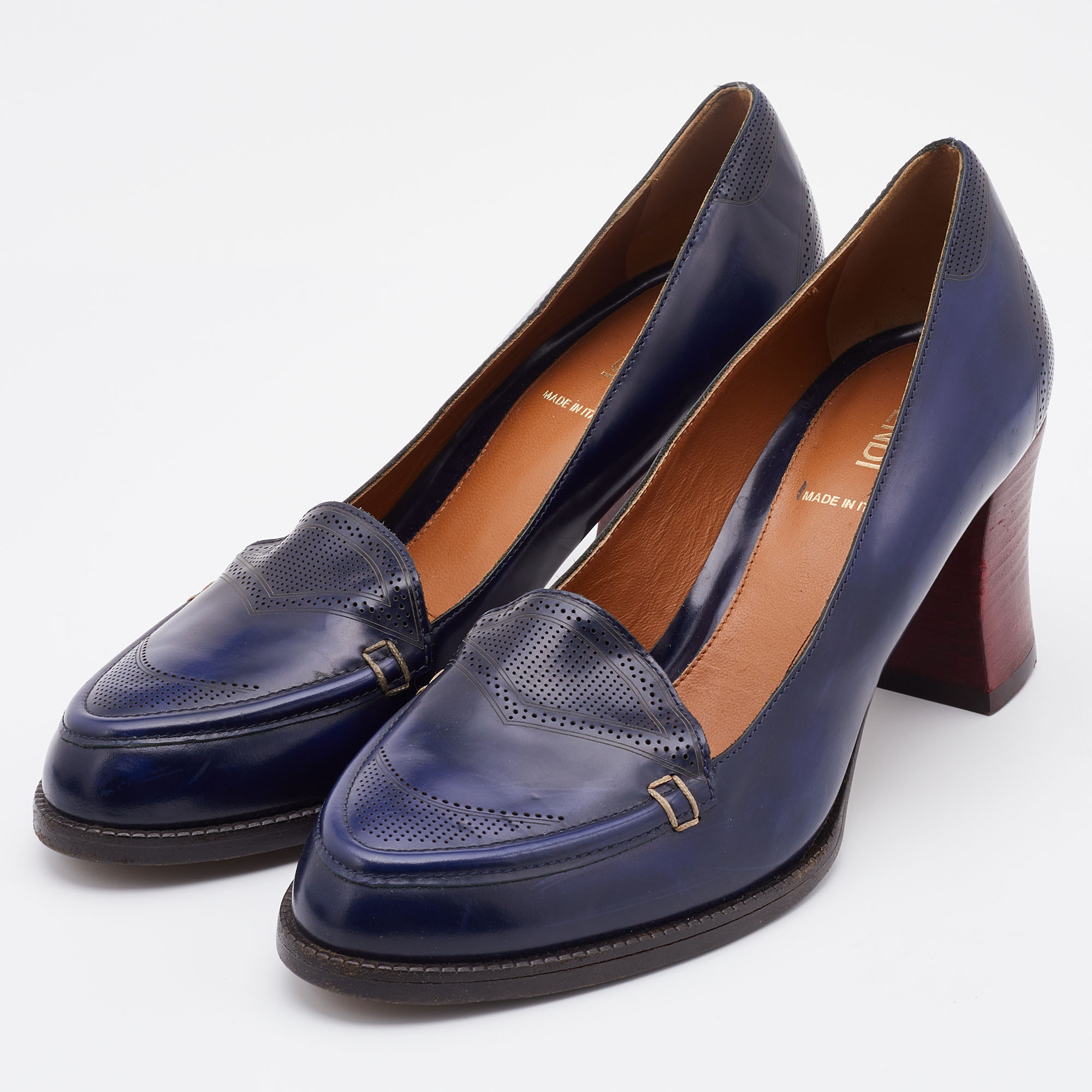 

Fendi Navy Blue Leather Austin Block Heel Loafer Pumps Size