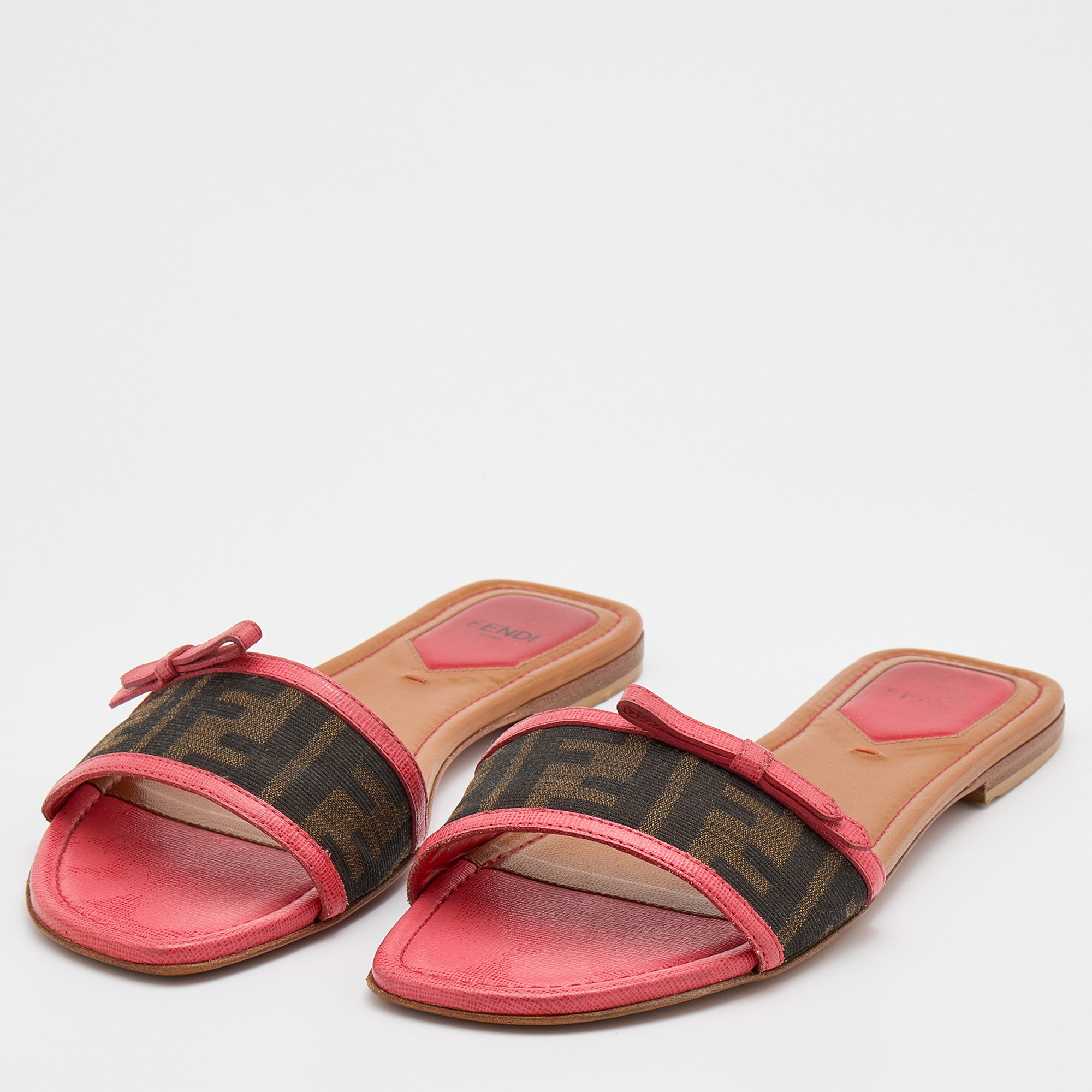 

Fendi Brown/Pink Zucca Canvas and Leather Flat Slides Size