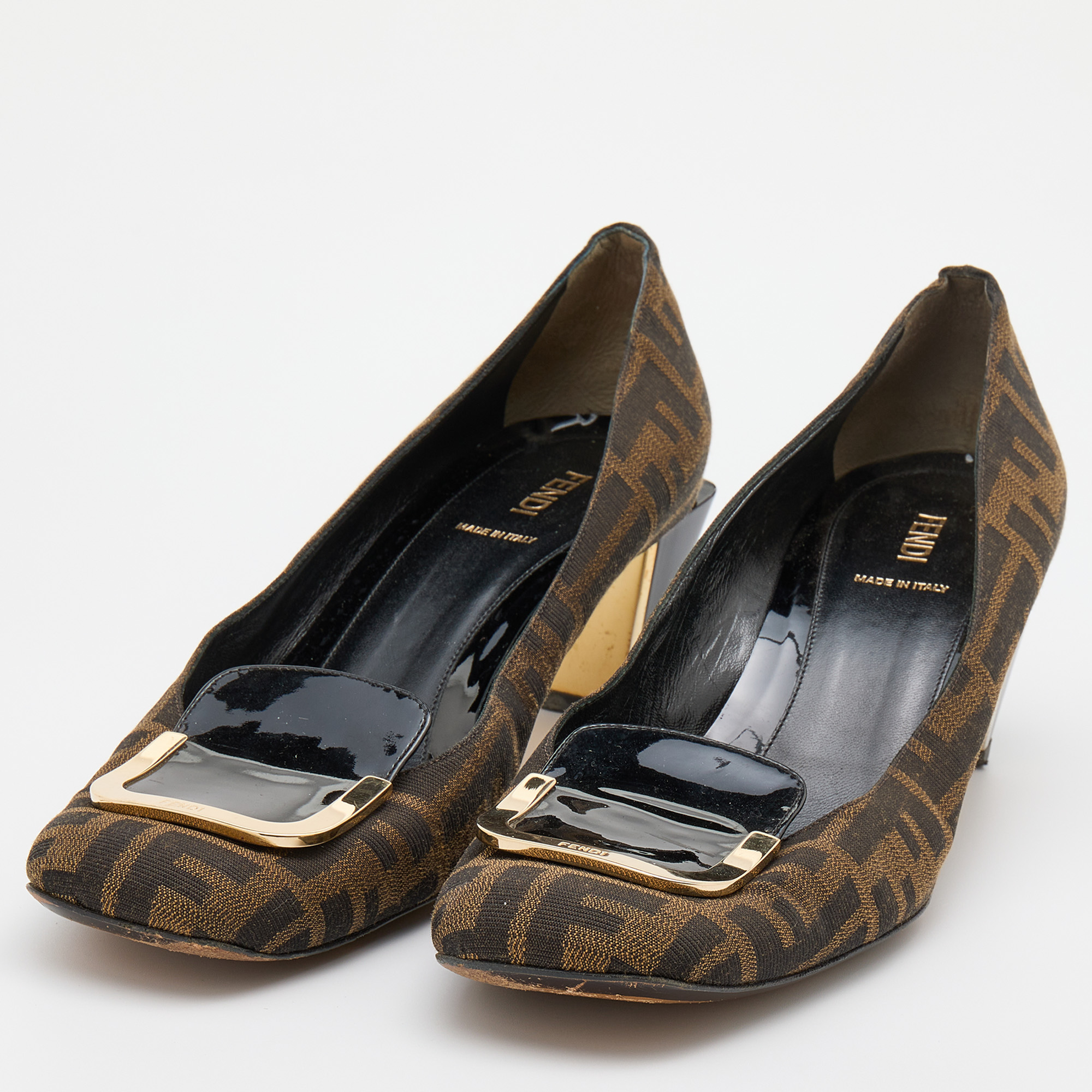 

Fendi Brown/Black Zucca Canvas and Patent Leather Square Toe Pumps Size