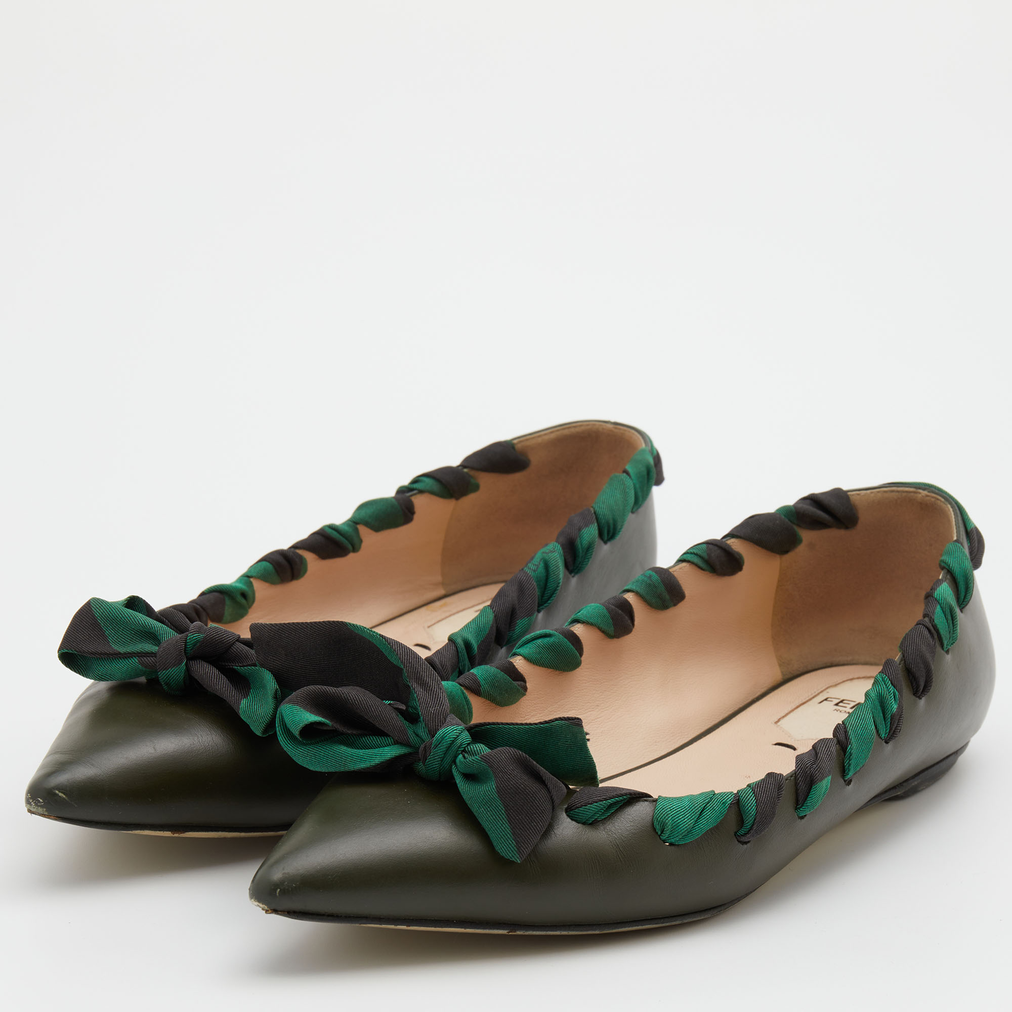 

Fendi Dark Green Leather and Fabric Bow Pointed Toe Ballet Flats Size
