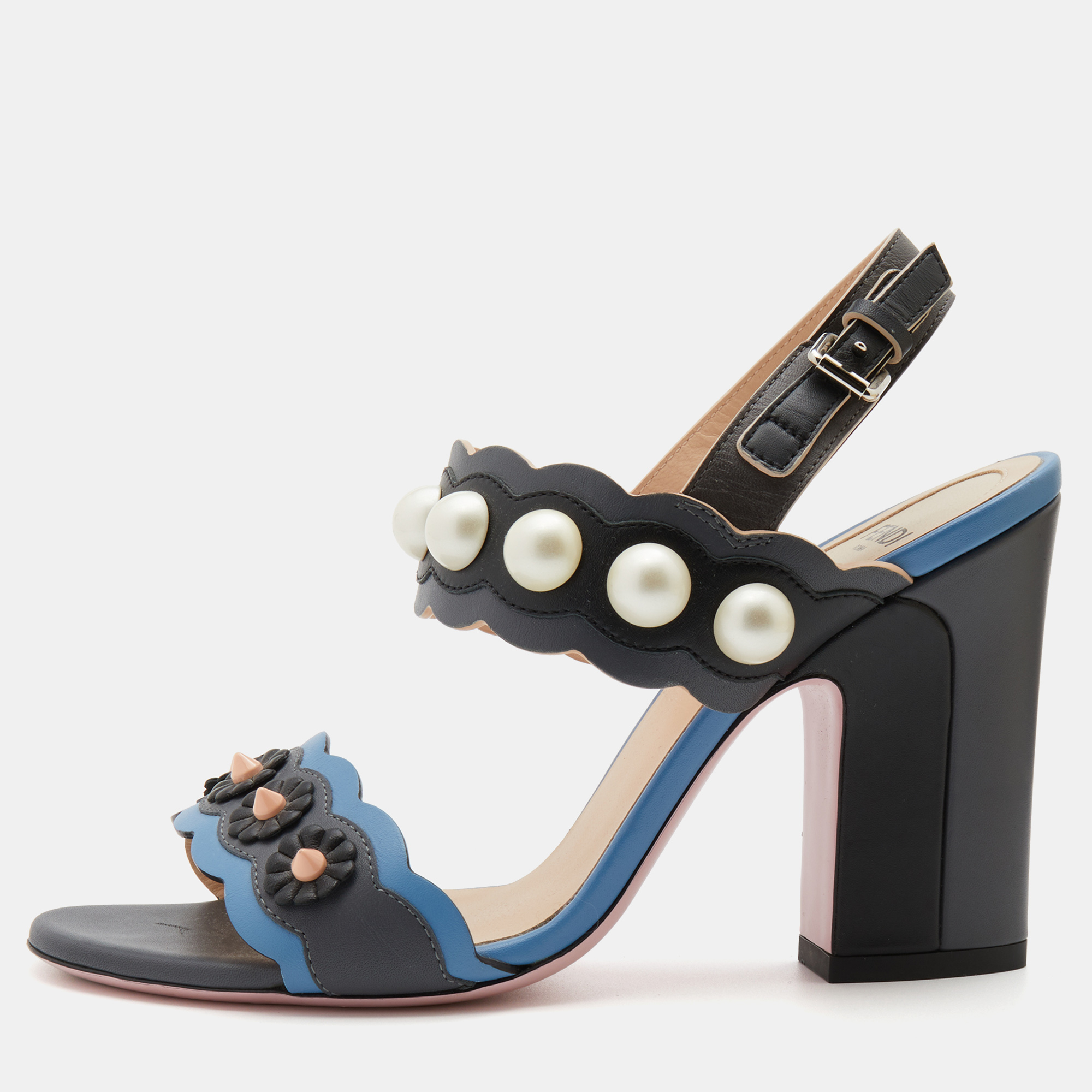 Pre Owned Fendi Multicolor Leather Faux Pearl Embellished Ankle Strap Sandals Size 36