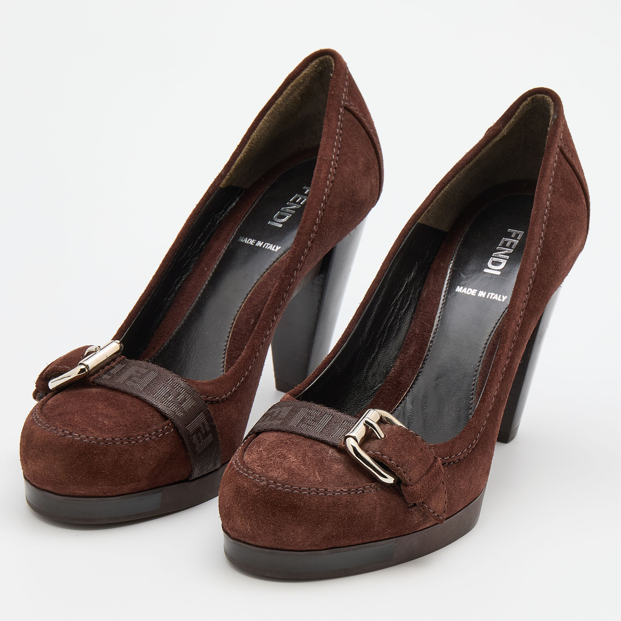 

Fendi Dark Brown Suede Loafer Block Heel Pumps Size