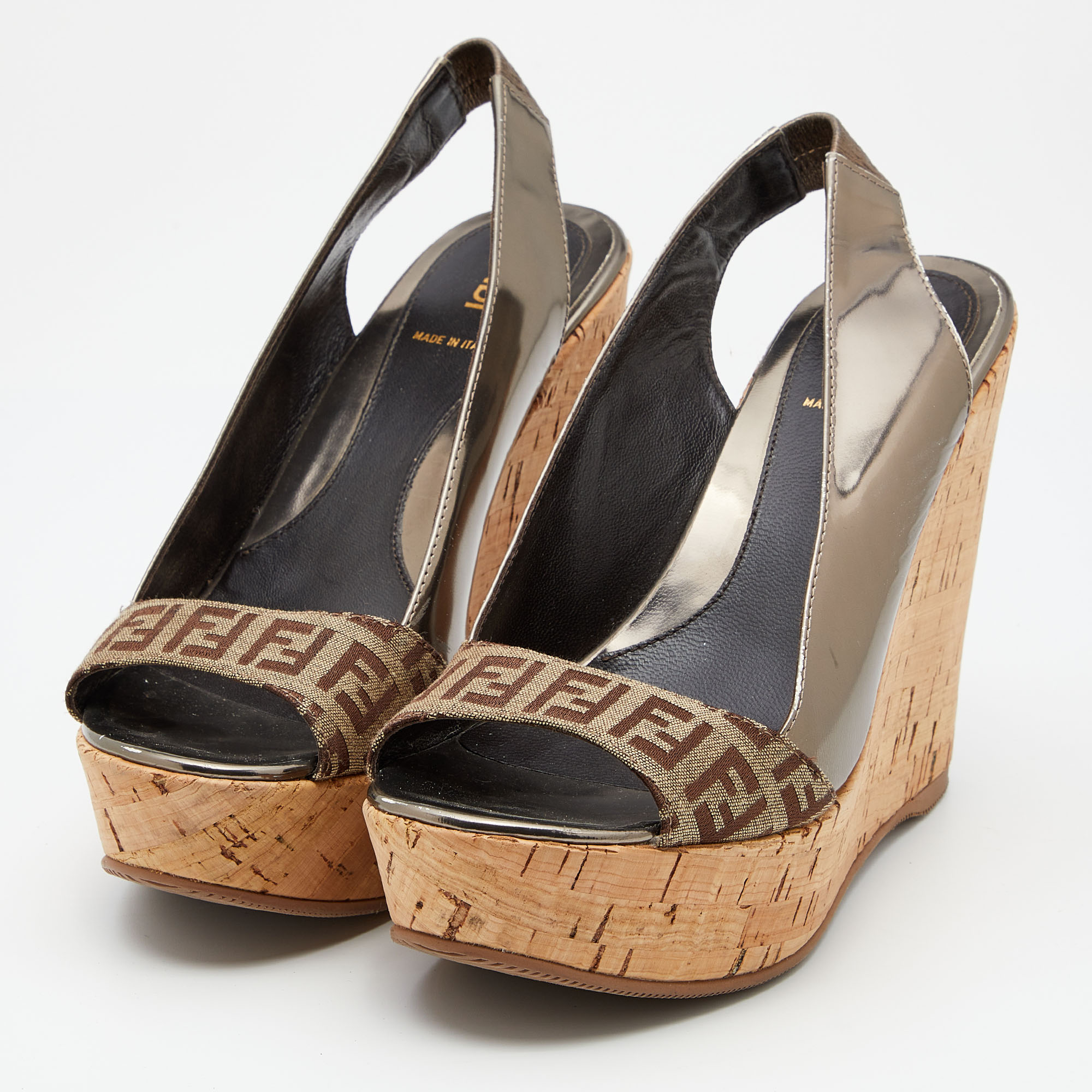 

Fendi Brown/Grey Zucca Canvas And Patent Leather Cork Platform Wedge Slingback Sandals Size