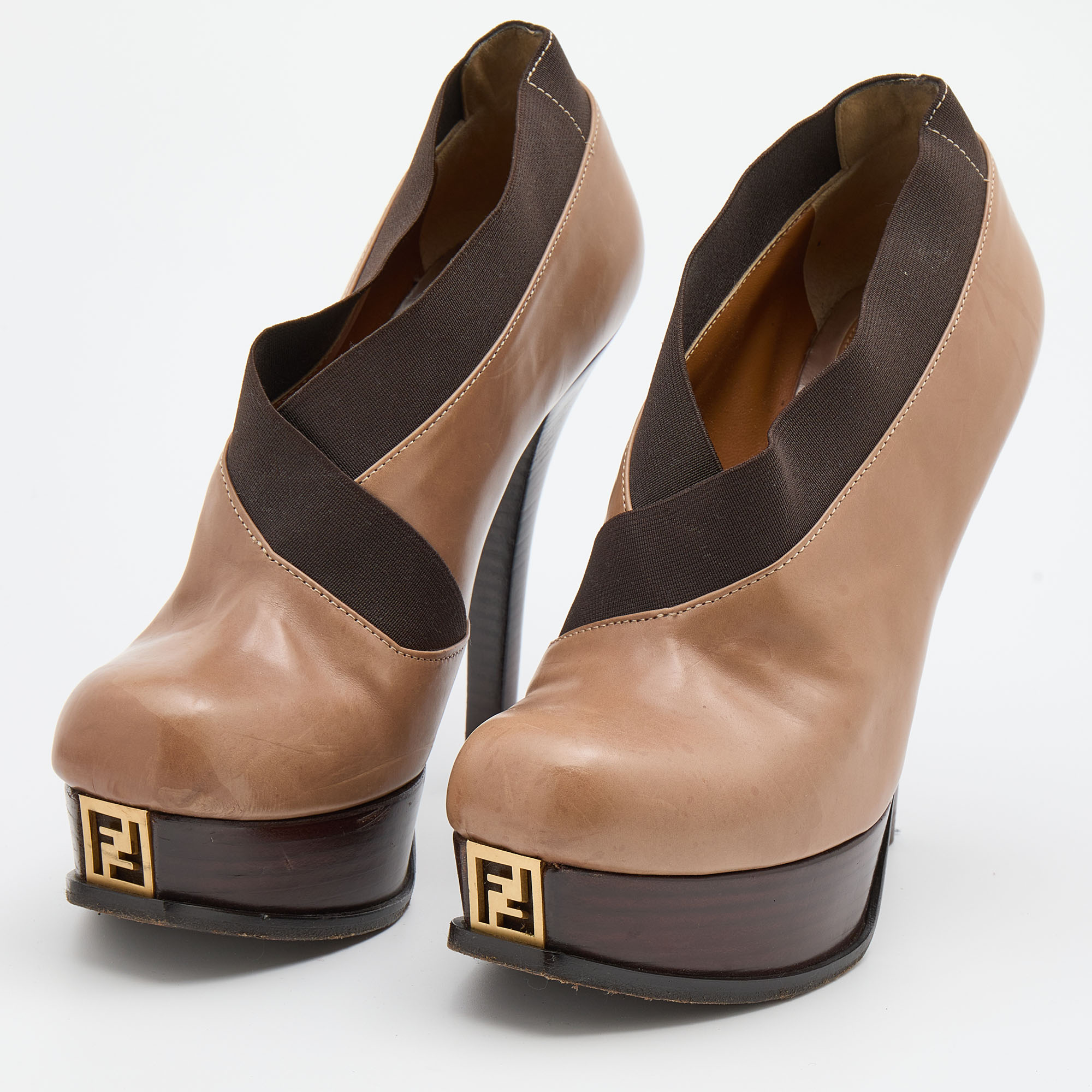 

Fendi Brown Leather and Elastic Fendista Criss Cross Platform Booties Size