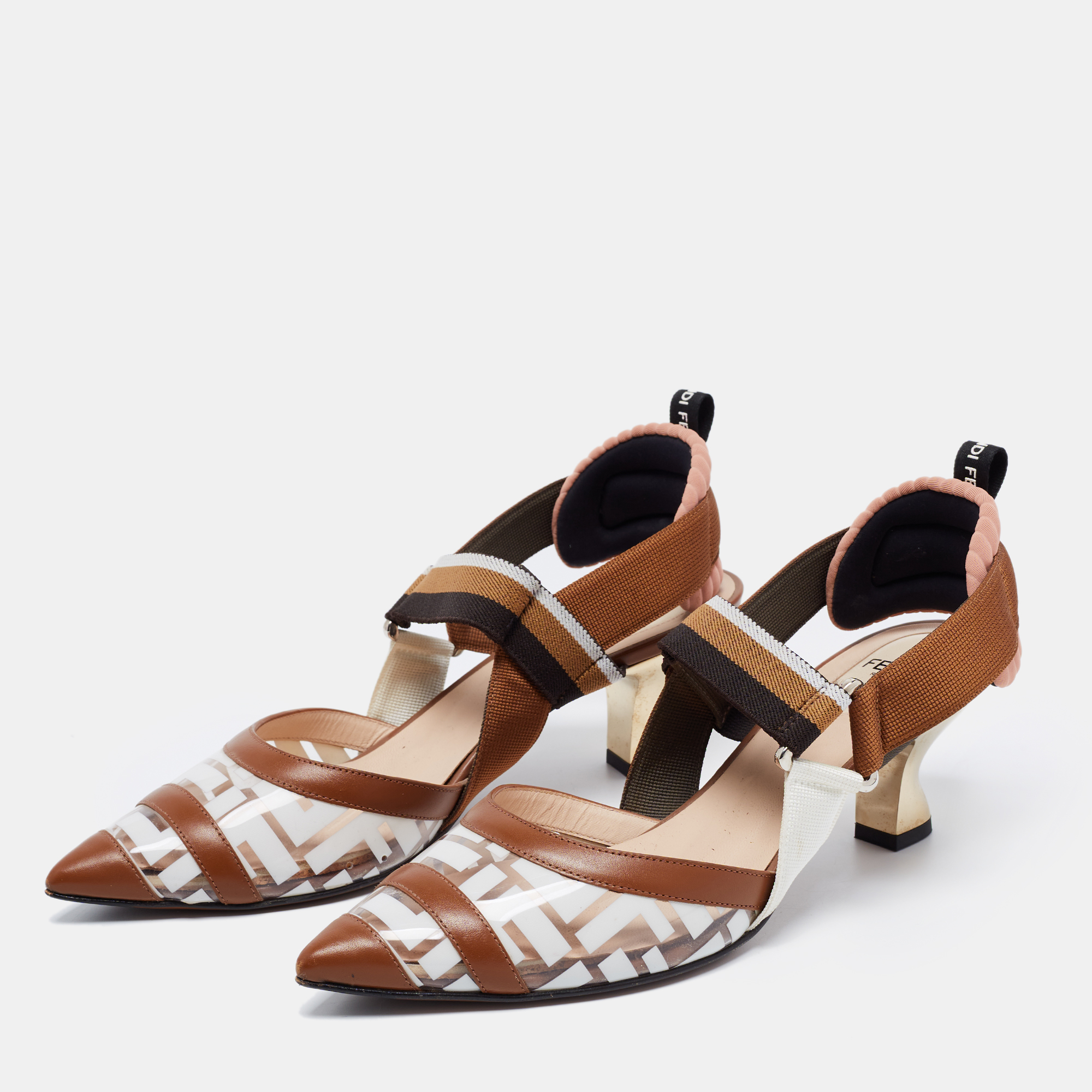 

Fendi Brown/White Zucca PVC, Leather and Fabric Colibri Slingback Pumps Size
