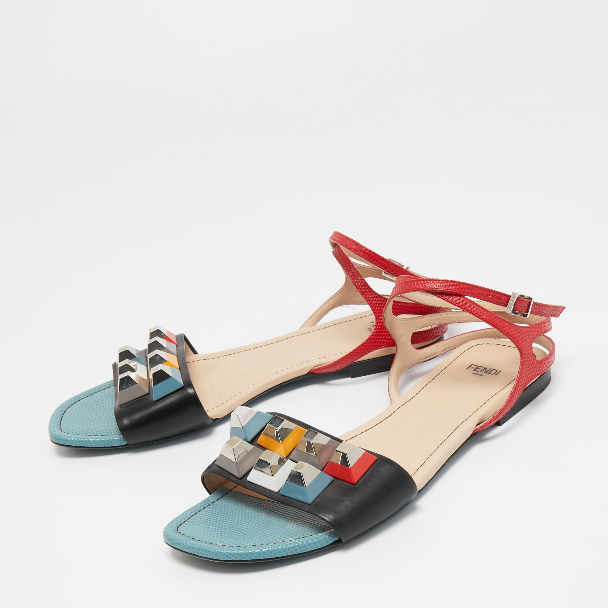 

Fendi Multicolor Studded Leather and Lizard Embossed Flat Ankle Strap Sandals Size