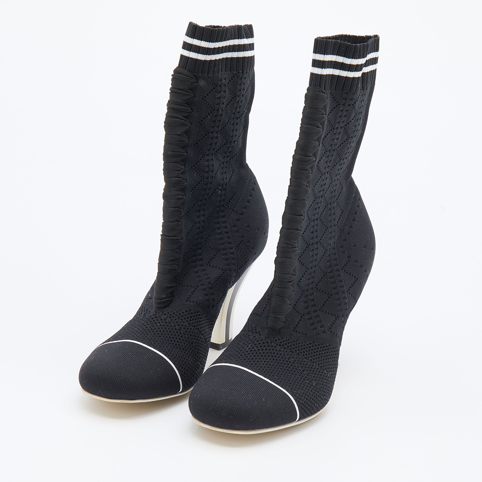

Fendi Black/White Knit Fabric Rockoko Runway Openwork Ankle Boots Size