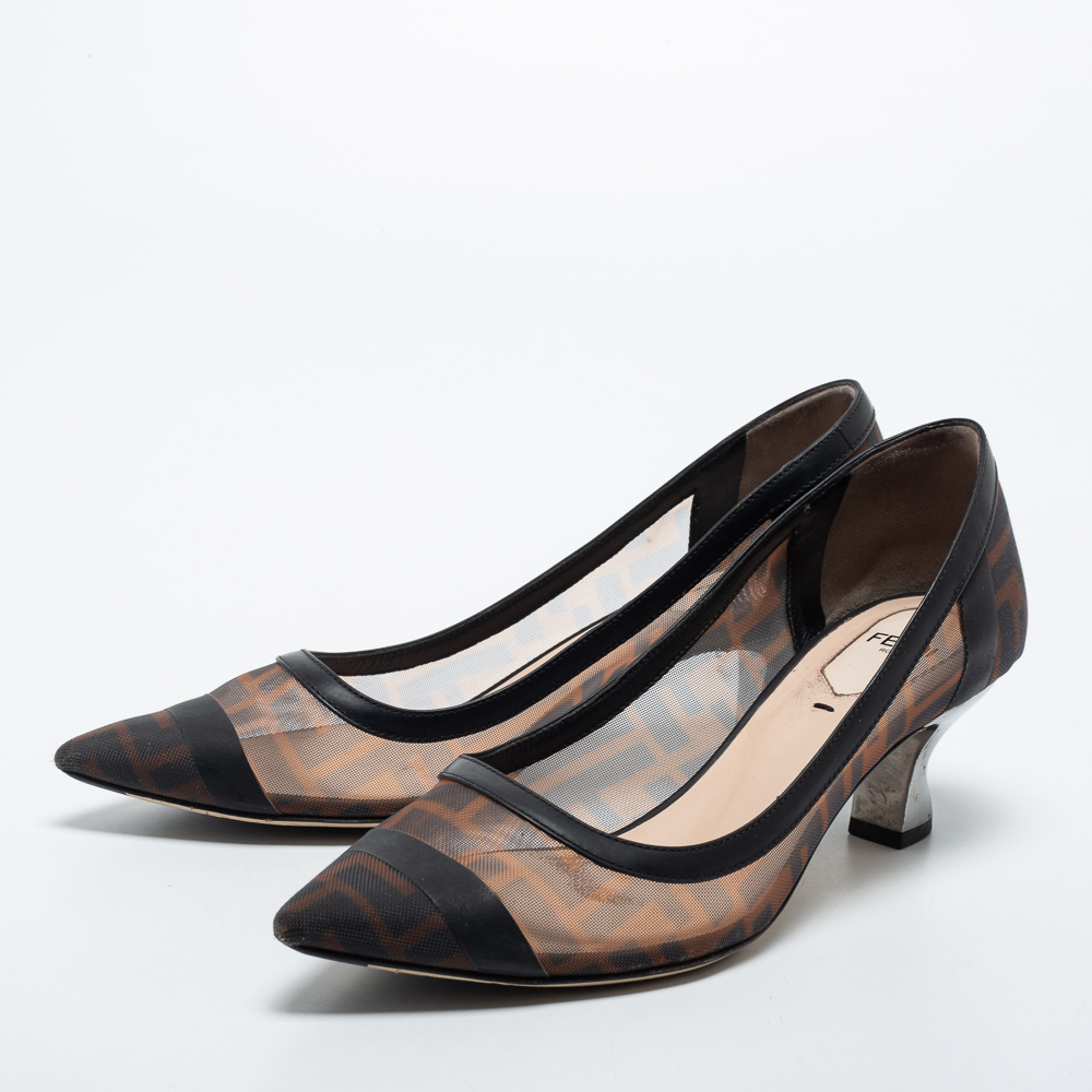 

Fendi Brown/Black Zucca Mesh and Leather Colibri Pumps Size