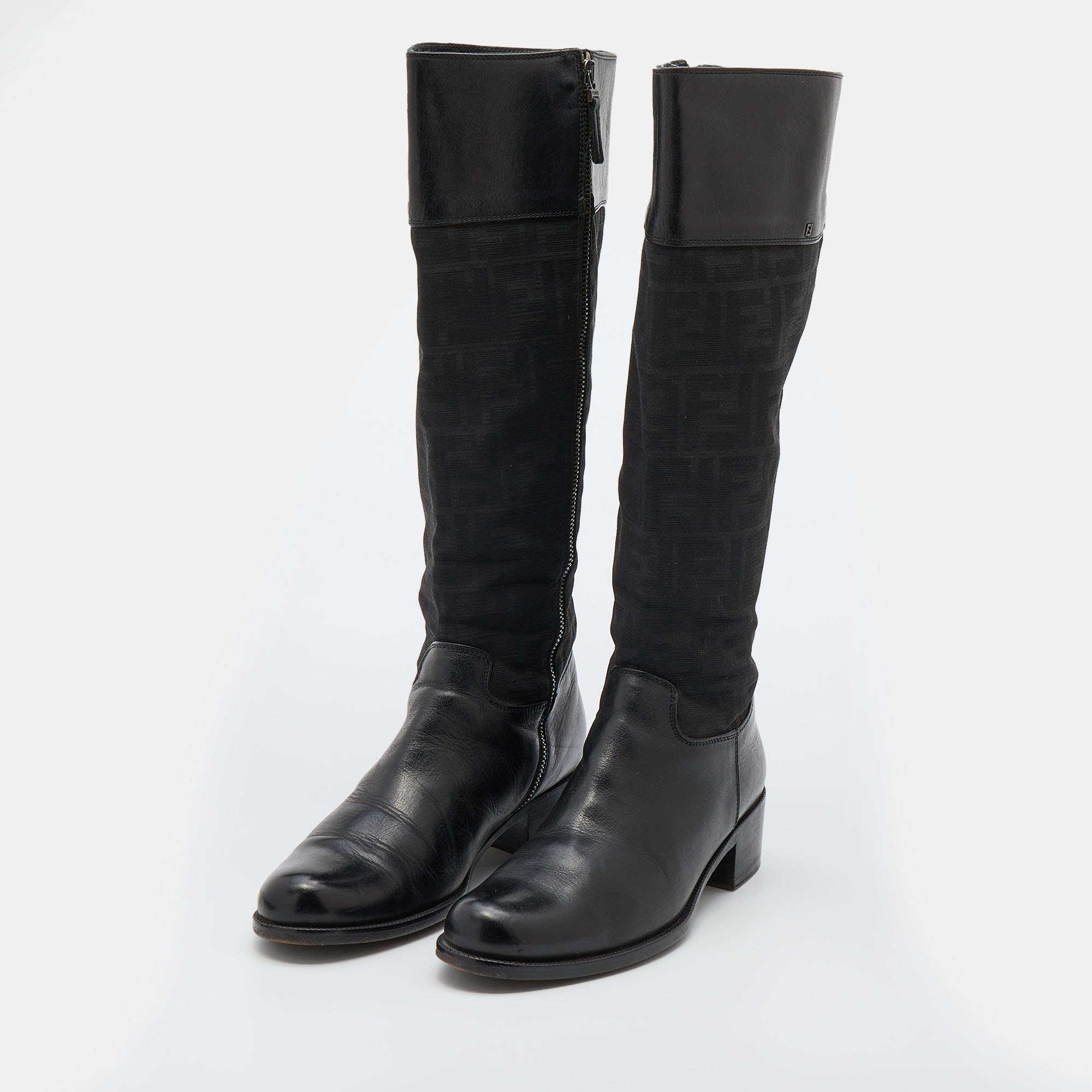 

Fendi Black Zucchino Canvas and Leather Knee Length Boots Size