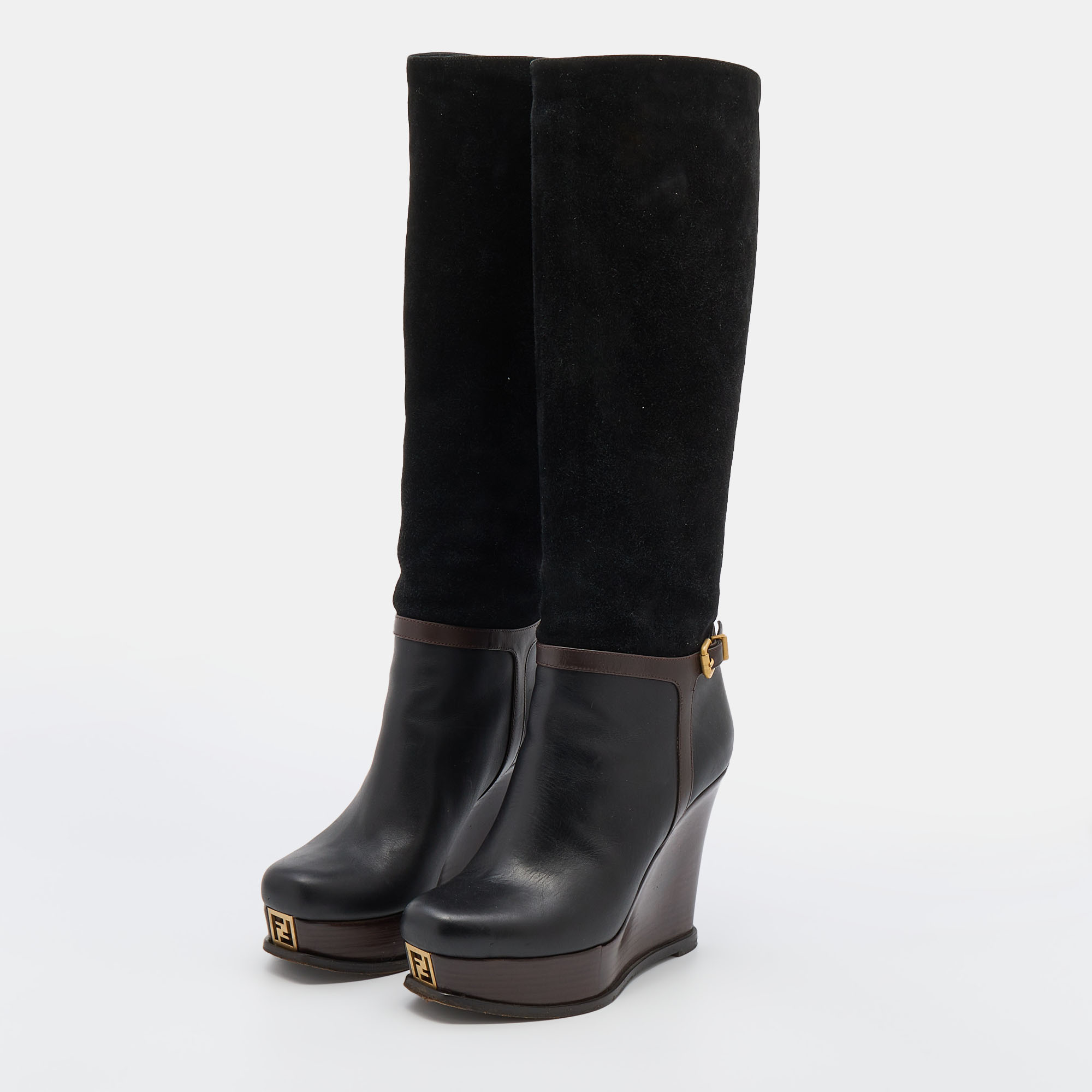 

Fendi Black/Brown Suede and Leather Wedge Platform Knee Length Boots Size