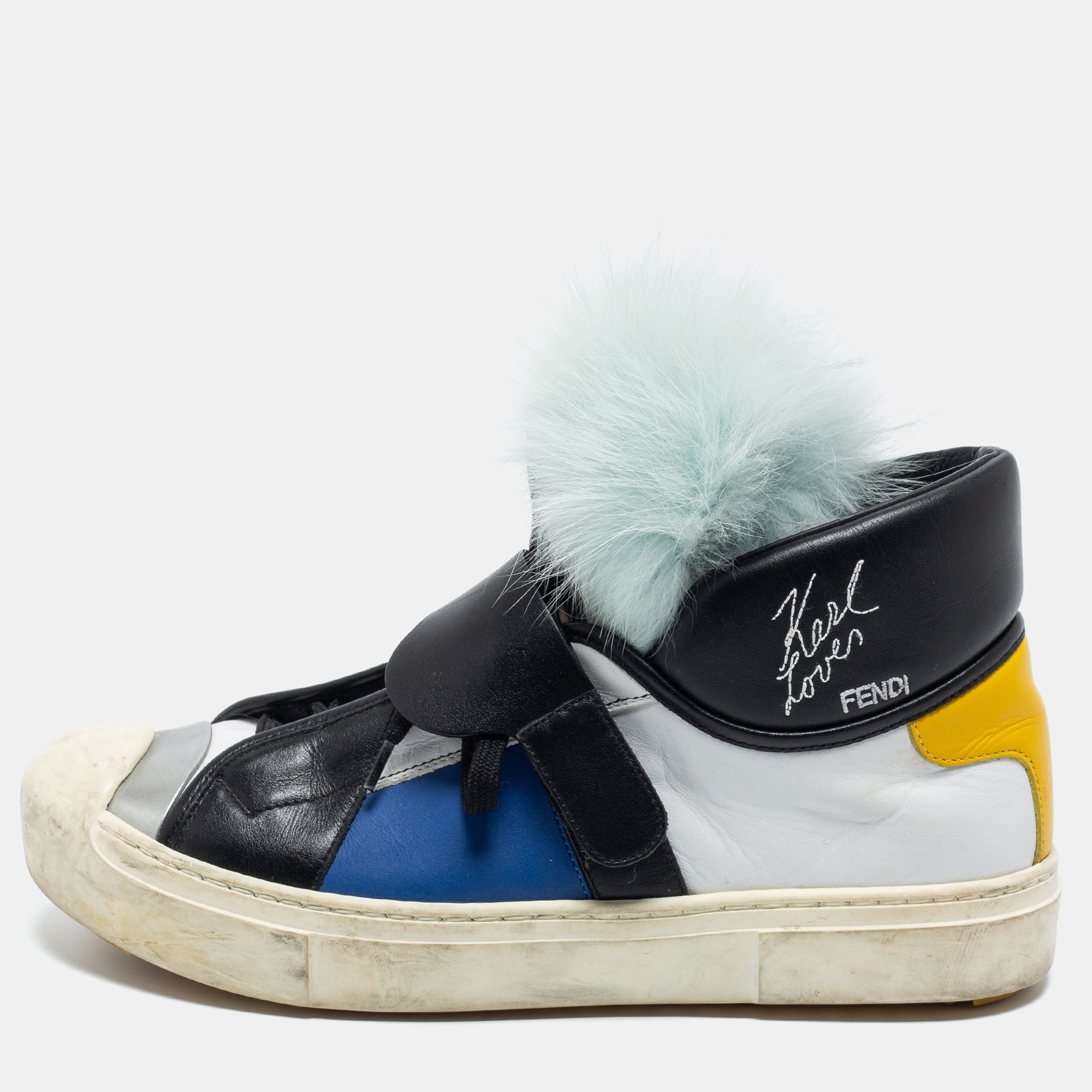 Pre-owned Fendi Multicolor Leather And Fox Fur Karlito High Top Sneakers Size 38