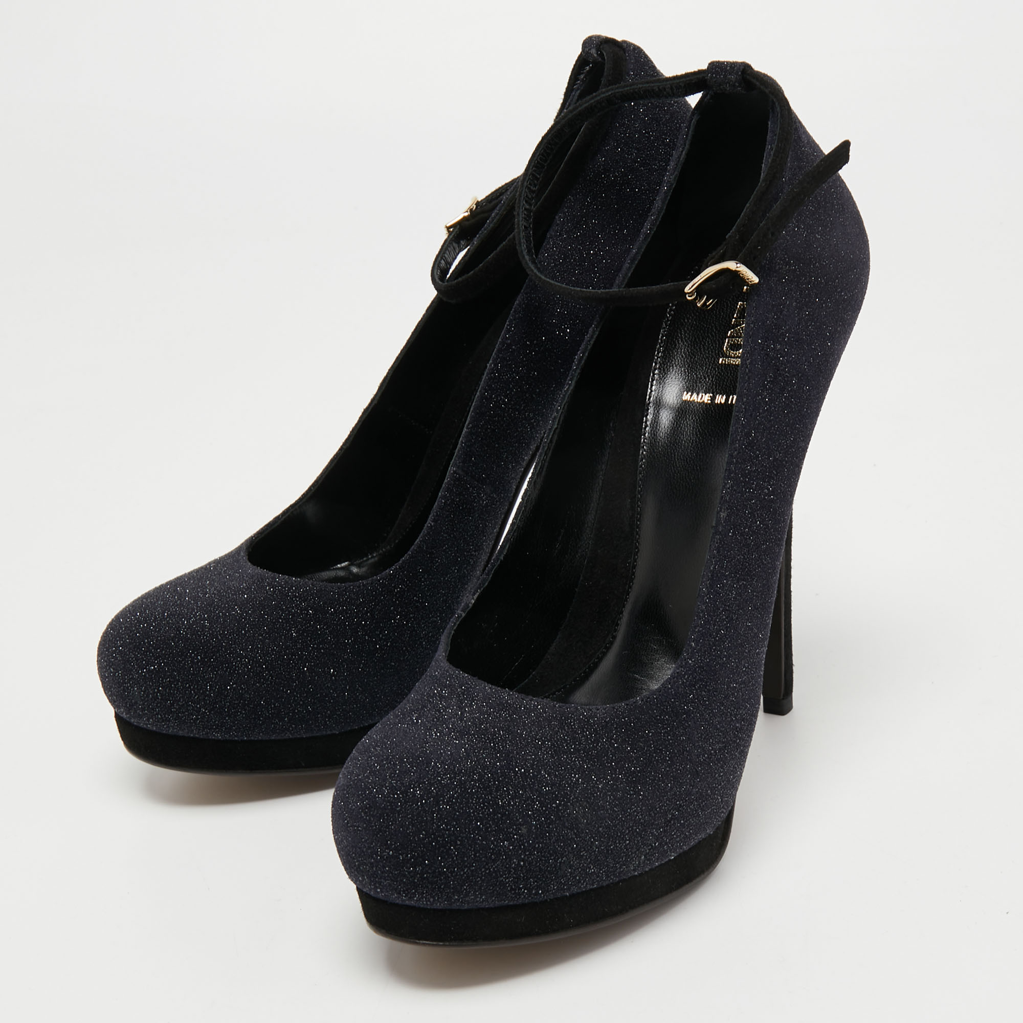 

Fendi Black Glitter Suede Platform Ankle Strap Pumps Size