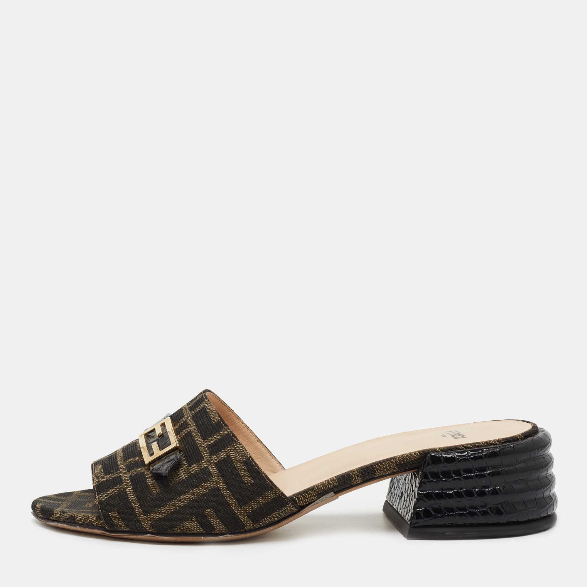 Fendi Brown/Black Zucca Canvas and Leather Block Heel Sandals Size 39