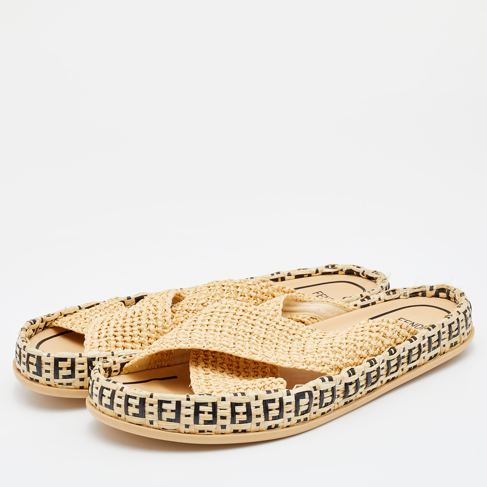 

Fendi Beige Raffia Reflection Crisscross Flat Slides Size