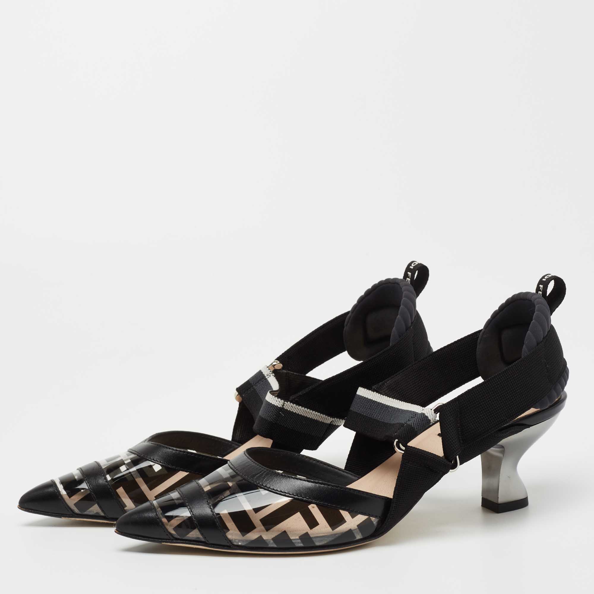 

Fendi Black Leather and Zucca PVC Colibri Slingback Pumps Size