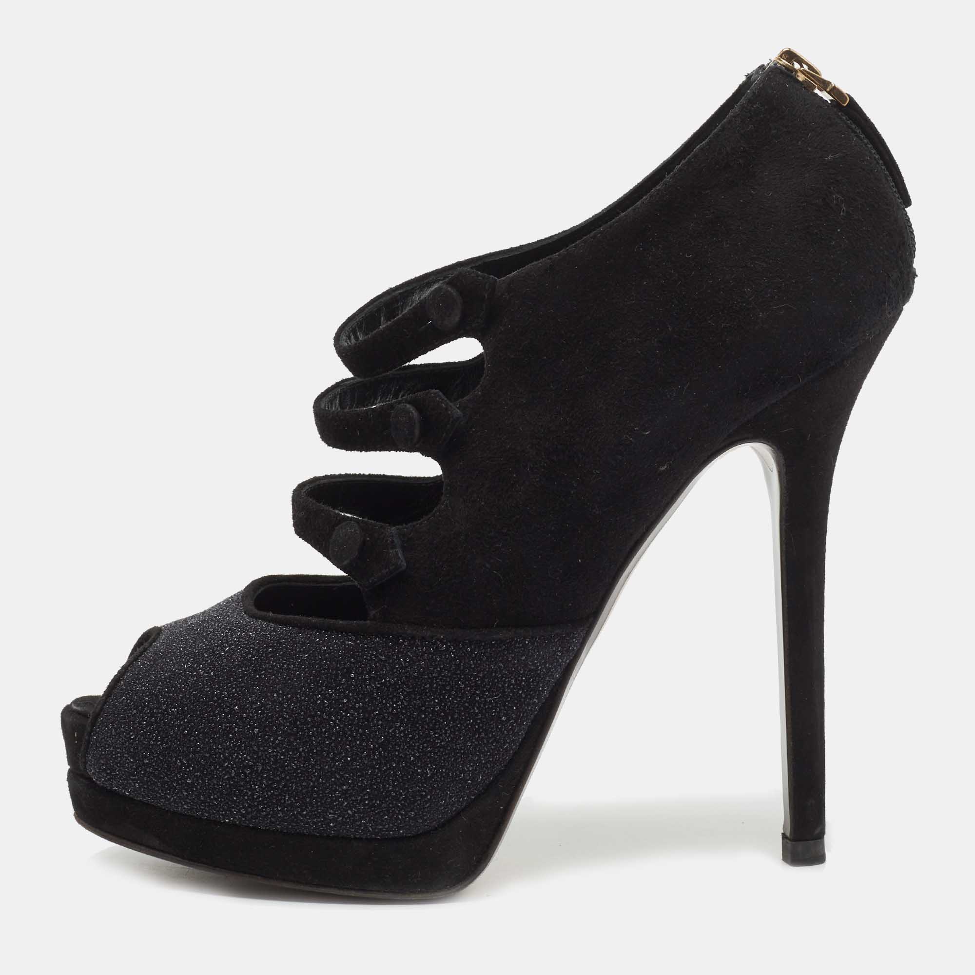

Fendi Black Suede and Glitter Peep Toe Booties Size