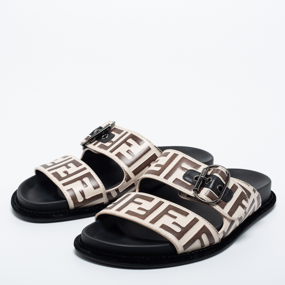 

Fendi Two Tone Zucca Embossed Leather Pearland Slides Size, Brown