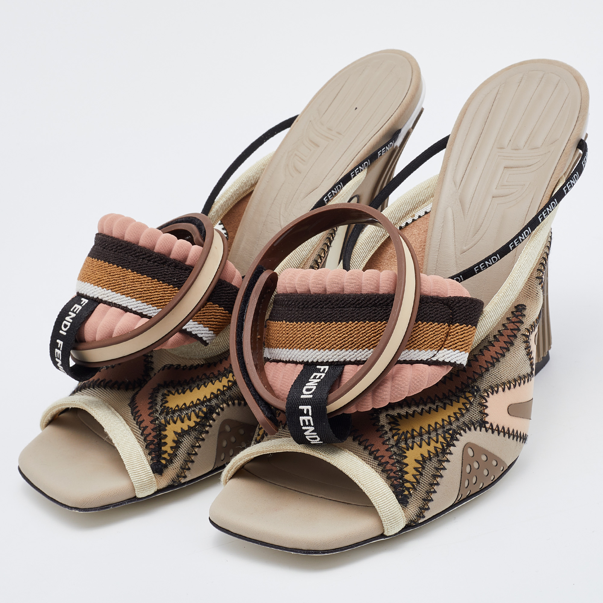 

Fendi Multicolor Fabric and Mesh FF Freedom Patchwork Ankle Strap Sandals Size