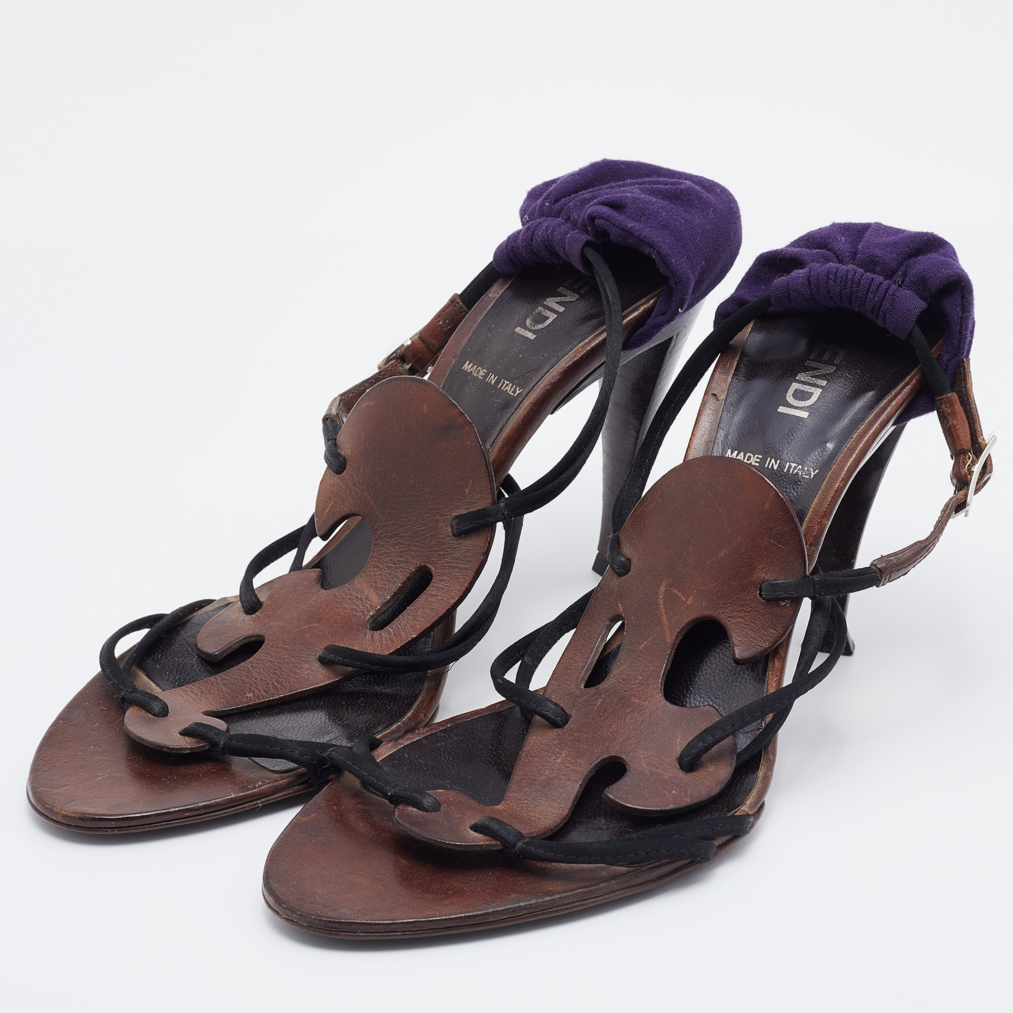 

Fendi Multicolor Leather and Fabric Caged Ankle Strap Sandals Size