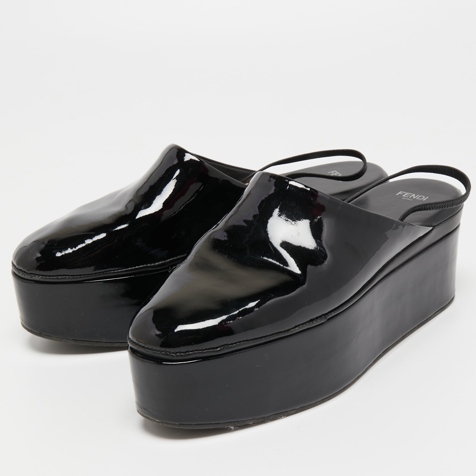 

Fendi Black Patent Leather Platform Slingback Mules Size