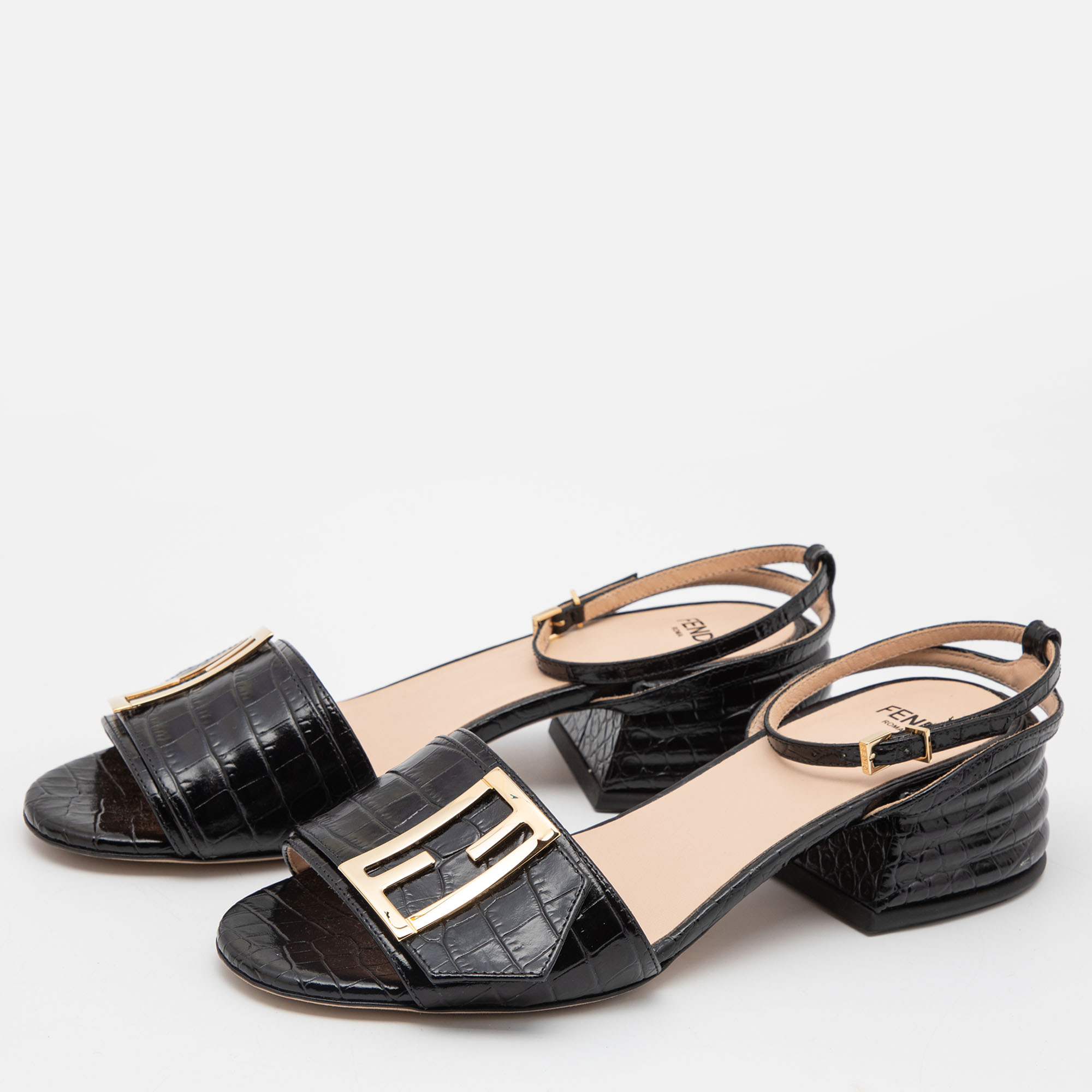 

Fendi Black Croc Embossed Leather Promenade Ankle Strap Sandals Size