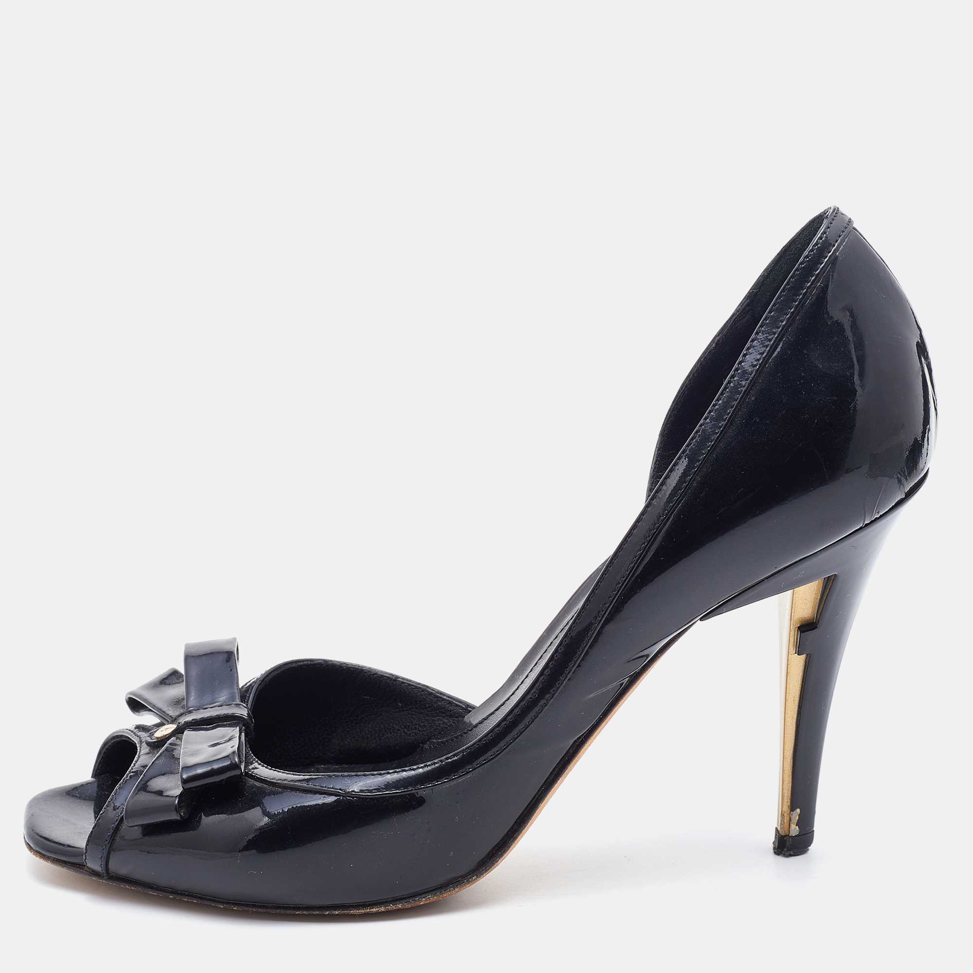 Pre-owned Fendi Black Patent Leather Bow Peep Toe D'orsay Pumps Size 38.5