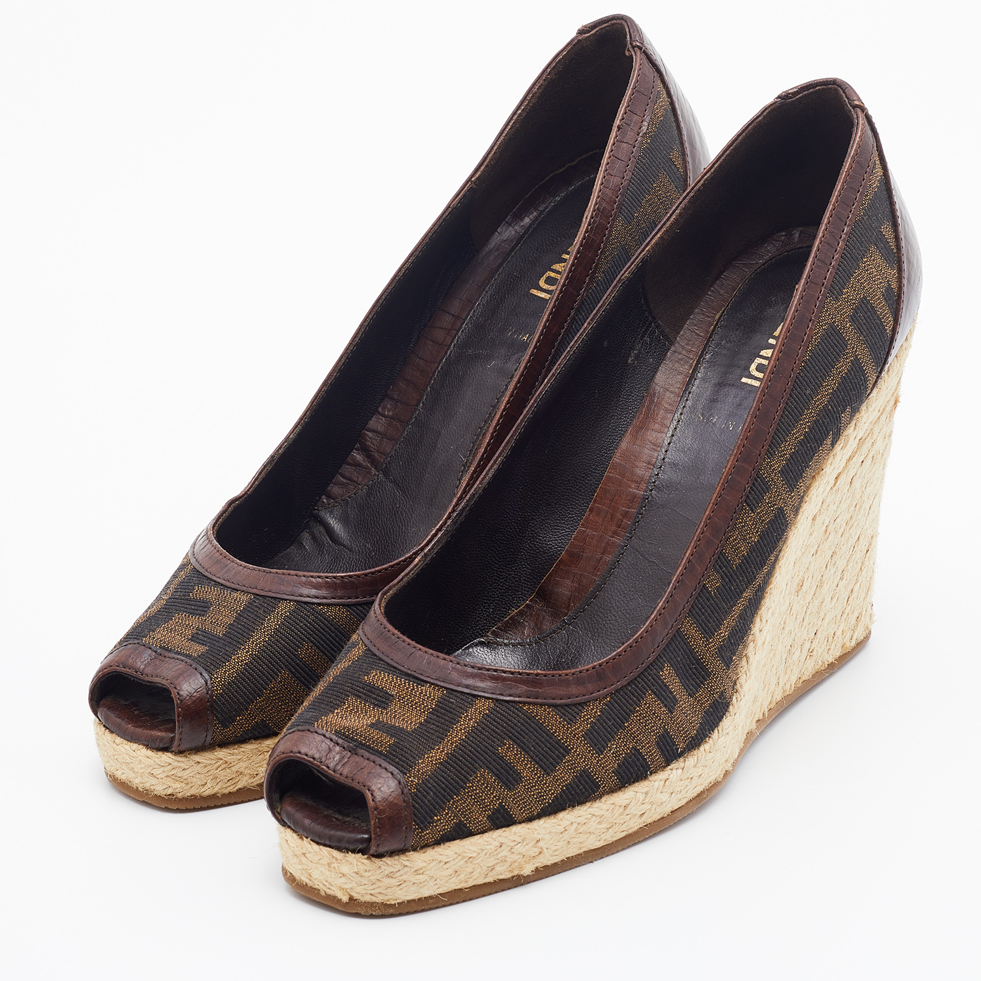 

Fendi Brown Zucca Canvas and Leather Zeppa Espadrille Wedge Pumps Size