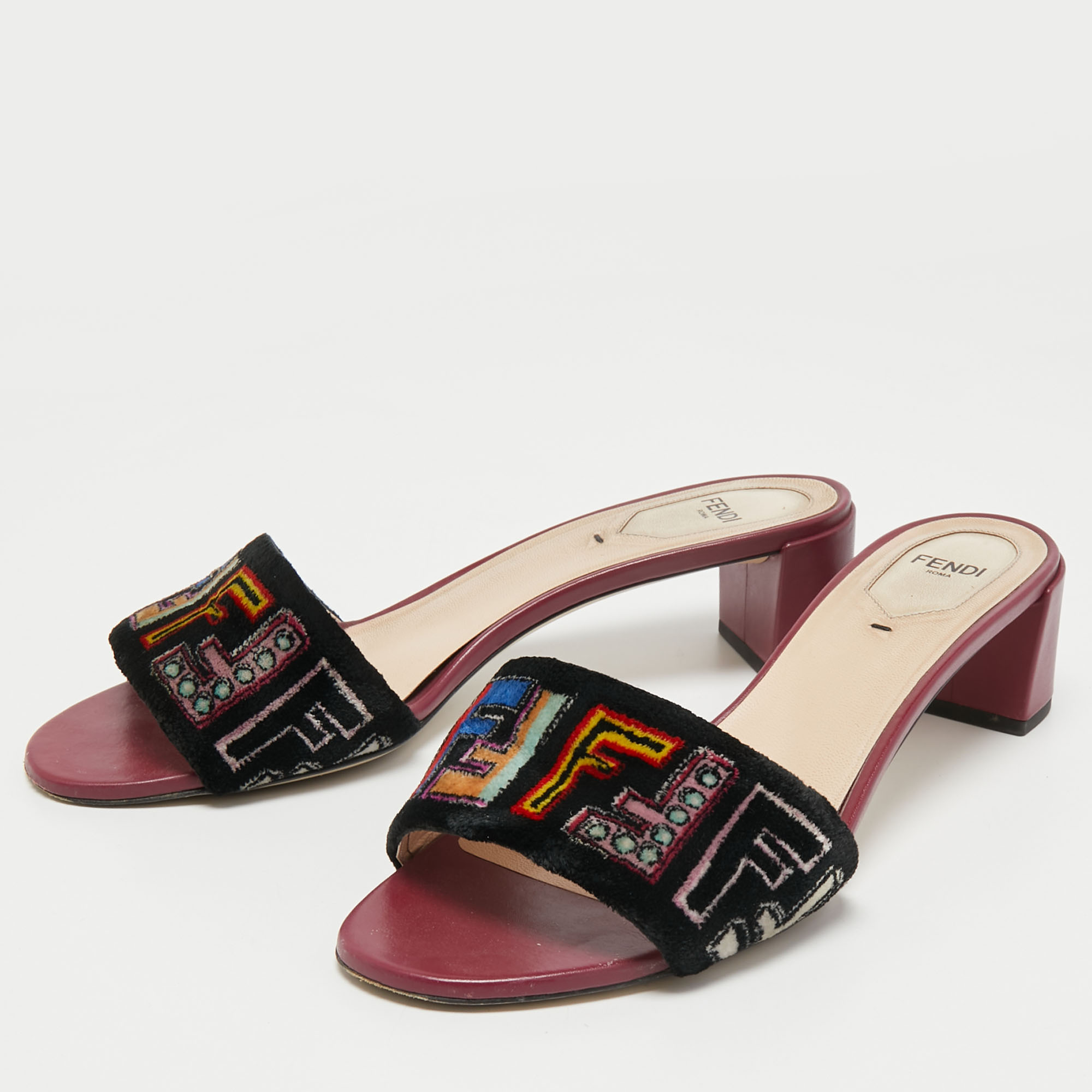 

Fendi Multicolor Zucca Velvet Slide Sandals Size, Black