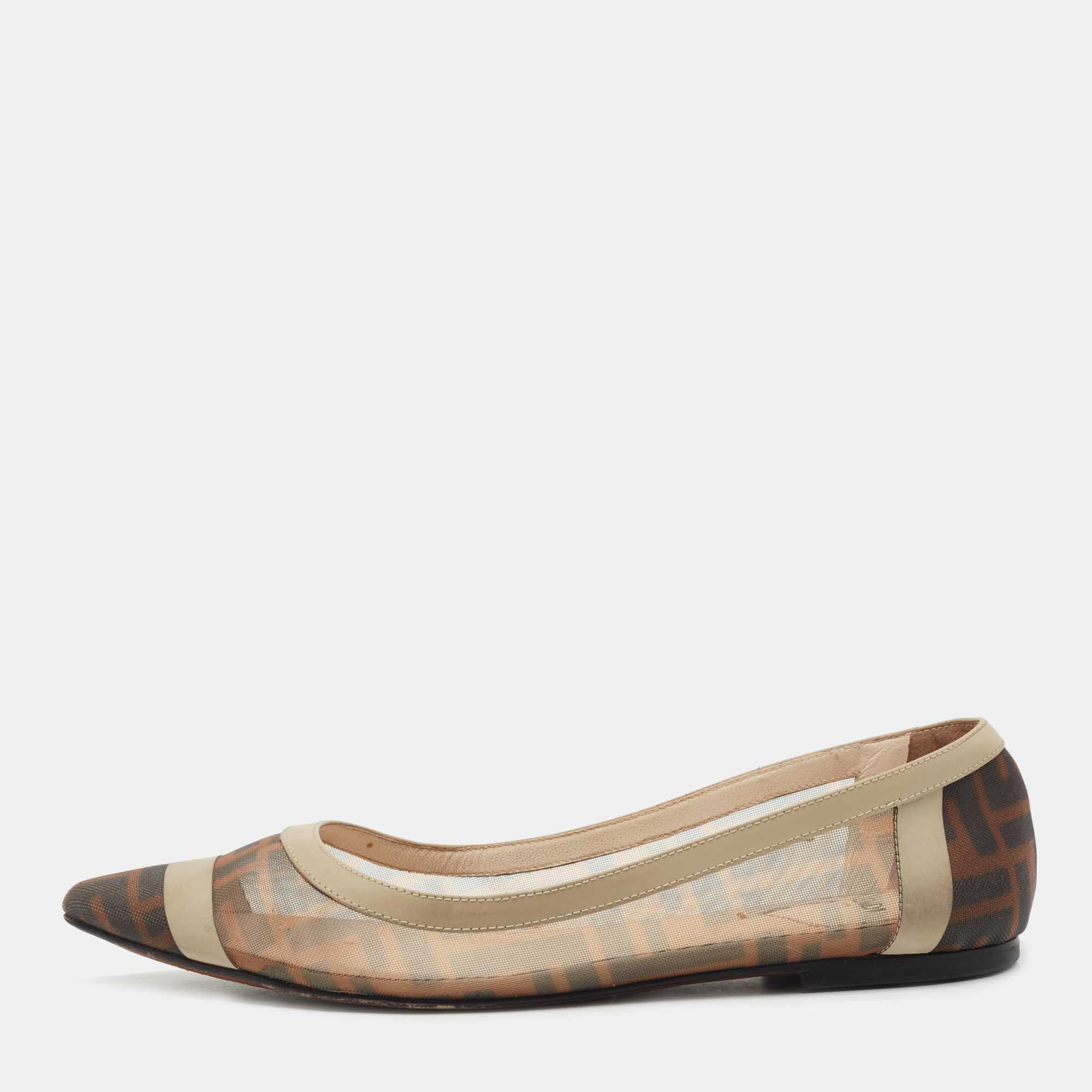 Pre Owned Fendi Tobacco Zucca Mesh and Leather Pointed Toe Ballet Flats Size 38.5