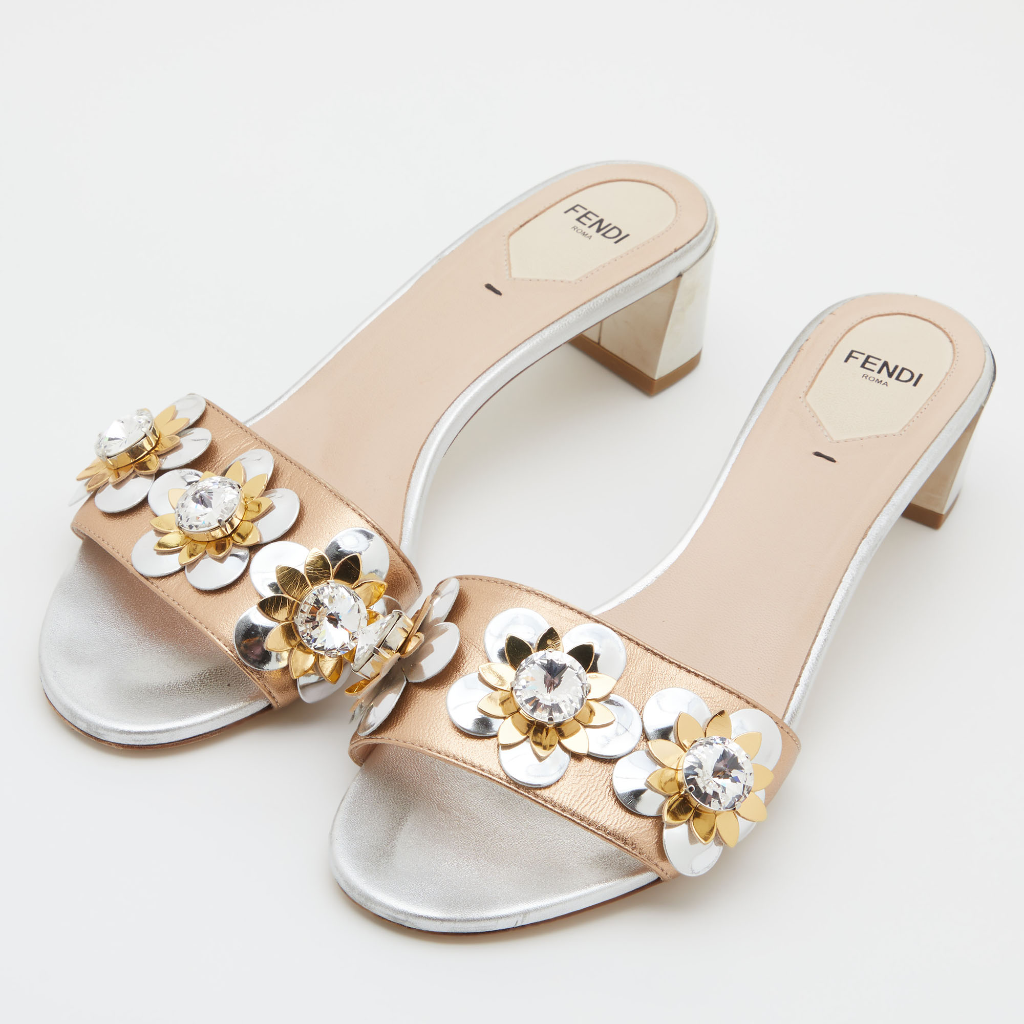 

Fendi Metallic Gold/Silver Leather Flowerland Crystal Embellished Slide Sandals Size