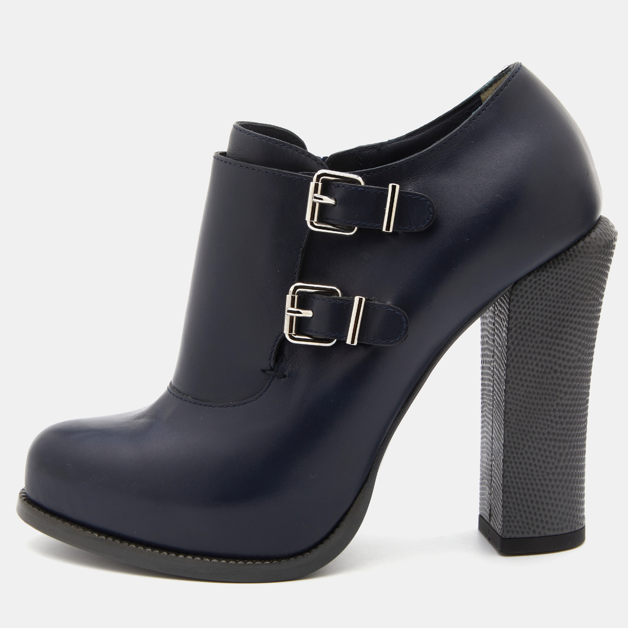 Pre-owned Fendi Navy Blue Leather Buckle Detail Ankle Length Platform Boots Size 38