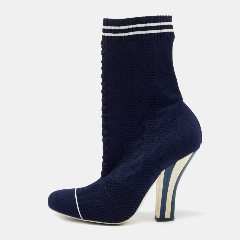 Pre-owned Fendi Navy Blue Knit Fabric Rockoko Mid Calf Boots Size 40