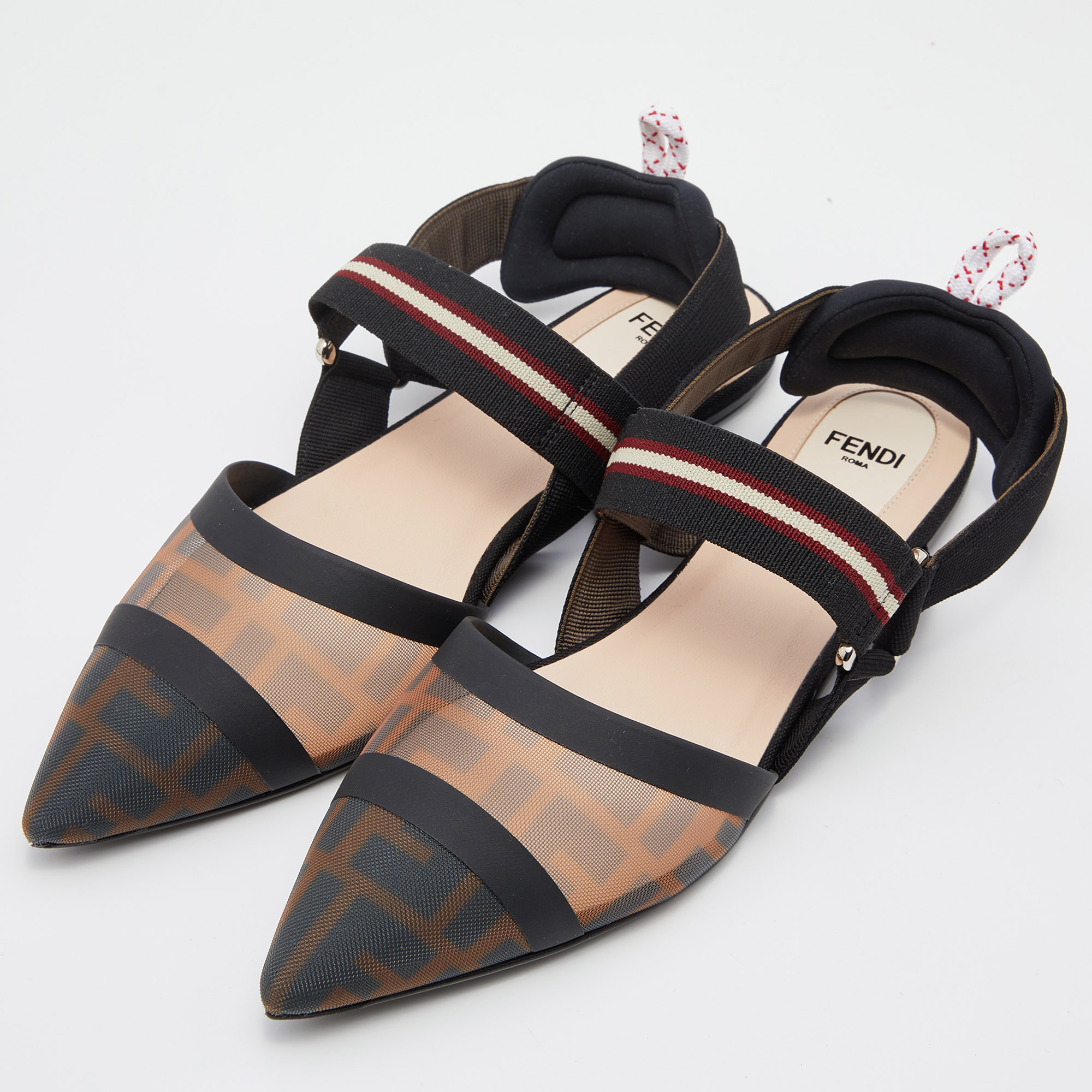 

Fendi Black/Brown Zucca Mesh and Fabric Colibri Slingback Flats Size